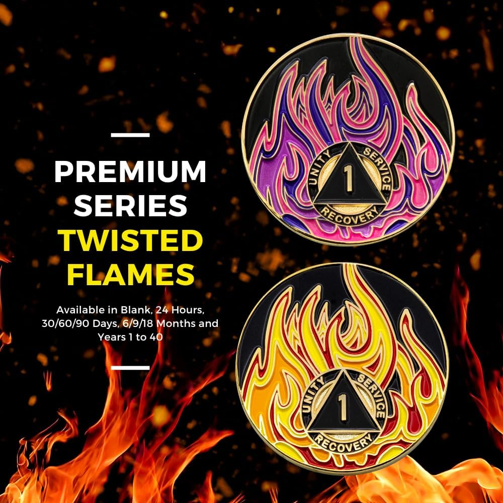 6 Year Sobriety Mint Twisted Flames Gold Plated AA Recovery Medallion/Chip - Black/Pink/Purple/Blue image number 3