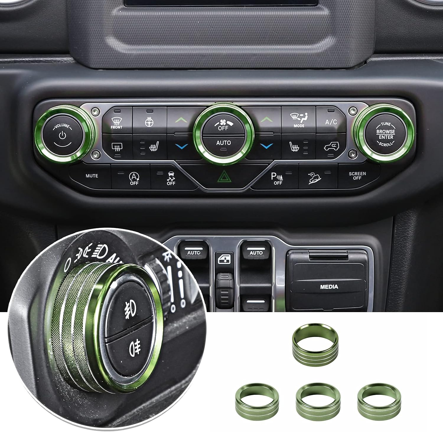 Jecar Air Conditioner Radio Switch Knob Cover & Headlight Knob Cover Aluminum Alloy AC Button Trims Compatible with Jeep Wrangler 2018-2023 JL JLU & 2020-2023 Gladiator Specific Dial Panel, Green
