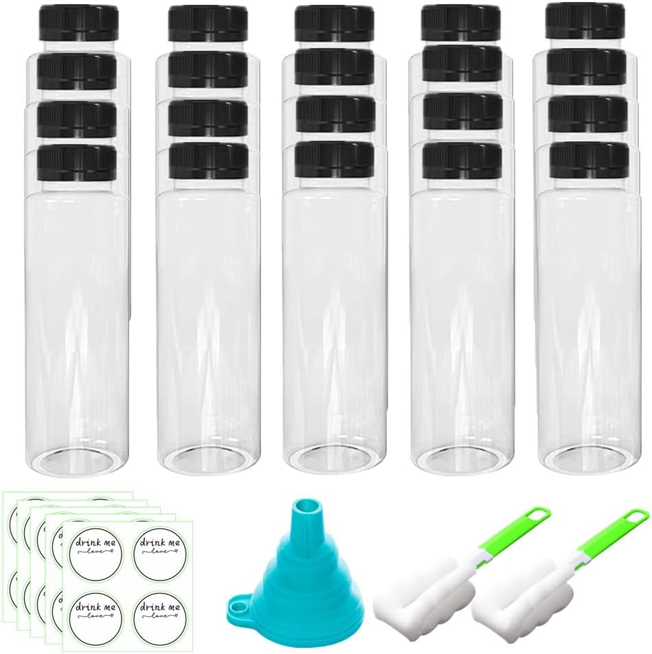 20 Pcs Plastic Bottles with Caps, Wanfoou 250Ml Plastic Juice Bottles with Caps, Reusable Juice Containers with Labels, Bulk Clear Empty Juicing Bottles for Smoothie Milk Cold Water Beverages image number 1