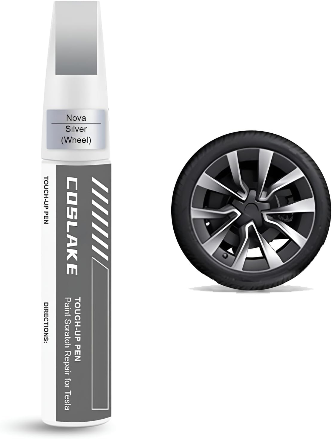 COSLAKE Rim Touch up Paint(Nova Silver) for 2024 Tesla Model 3 Highland 19'' Nova Wheel, Curb Rash Repair Rim Scratch Repair with Masking Tape & Sandpaper