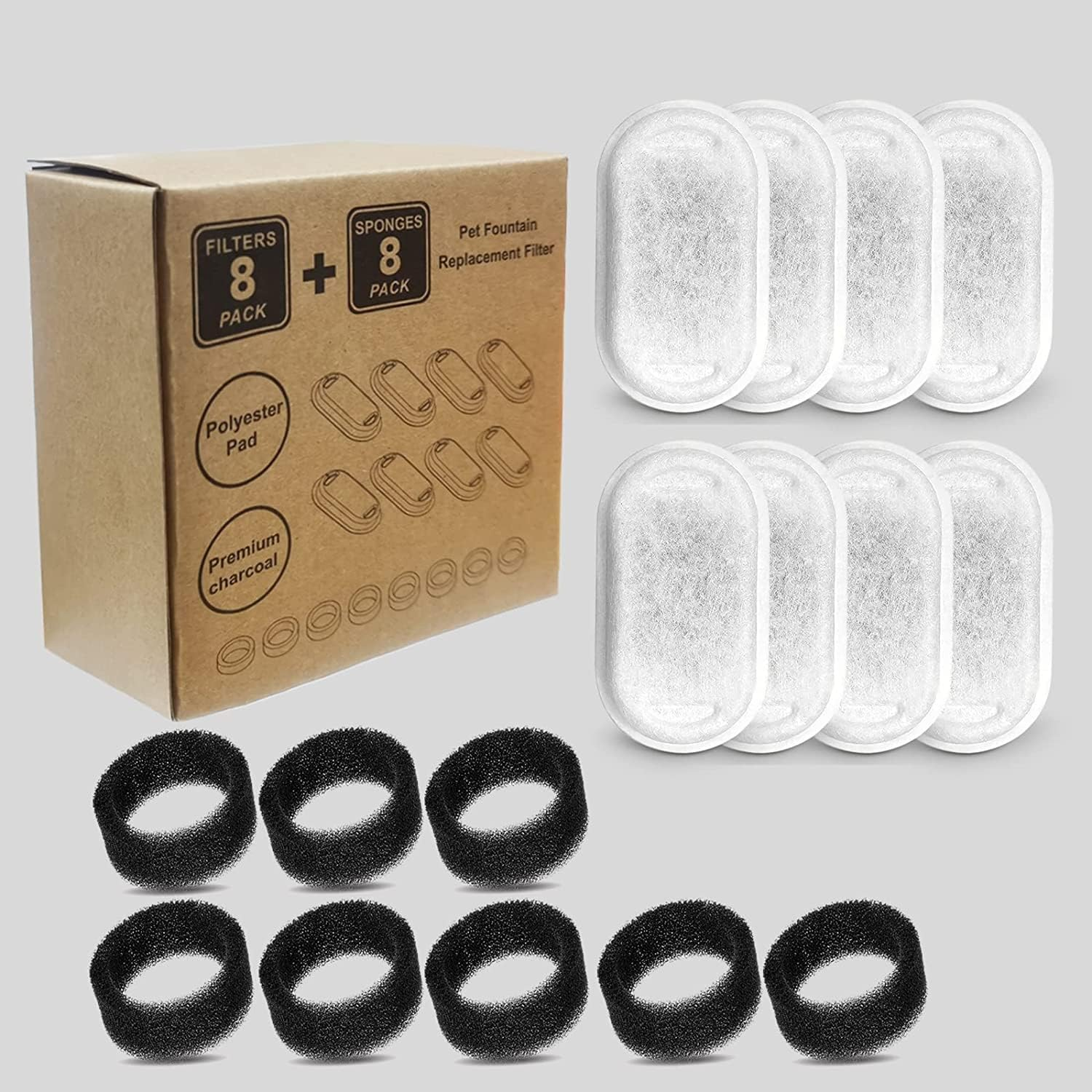 Cat Water Fountain Filters Pet Fountain Filter Replacement Filters Compatible Stainless Steel 2L/67Oz, 3.2L/108Oz Adjustable Water Flow, 8 Cat Fountain Replacement Filters with 8 Pre-Filter Sponges