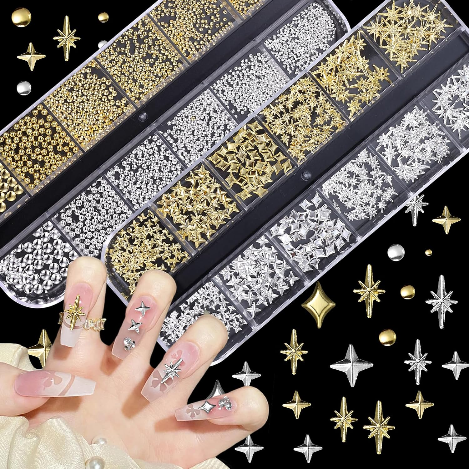 2 Boxes Gold Star Nail Gems Charms, Metal Starshine Studs, Silver Golden Micro Caviar Beads, DIY Accessories for Nail Art