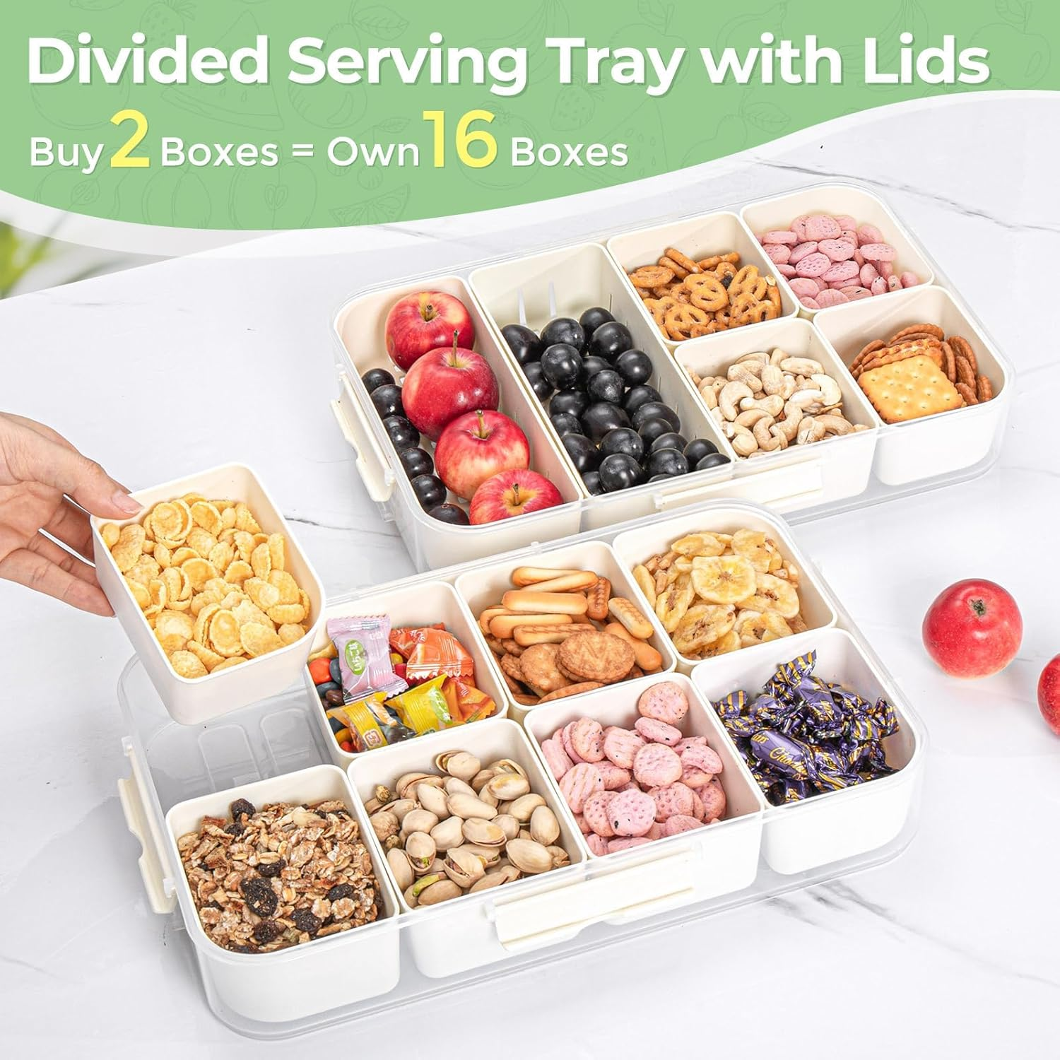 LUXEAR 2PC Divided Serving Tray with Lid and Handle Snack Box Charcuterie Container Dishwasher Safe Snack Platters Portable Clear Organizer for Fruits, Candy, Snacks, Picnic, Party&Travel image number 2