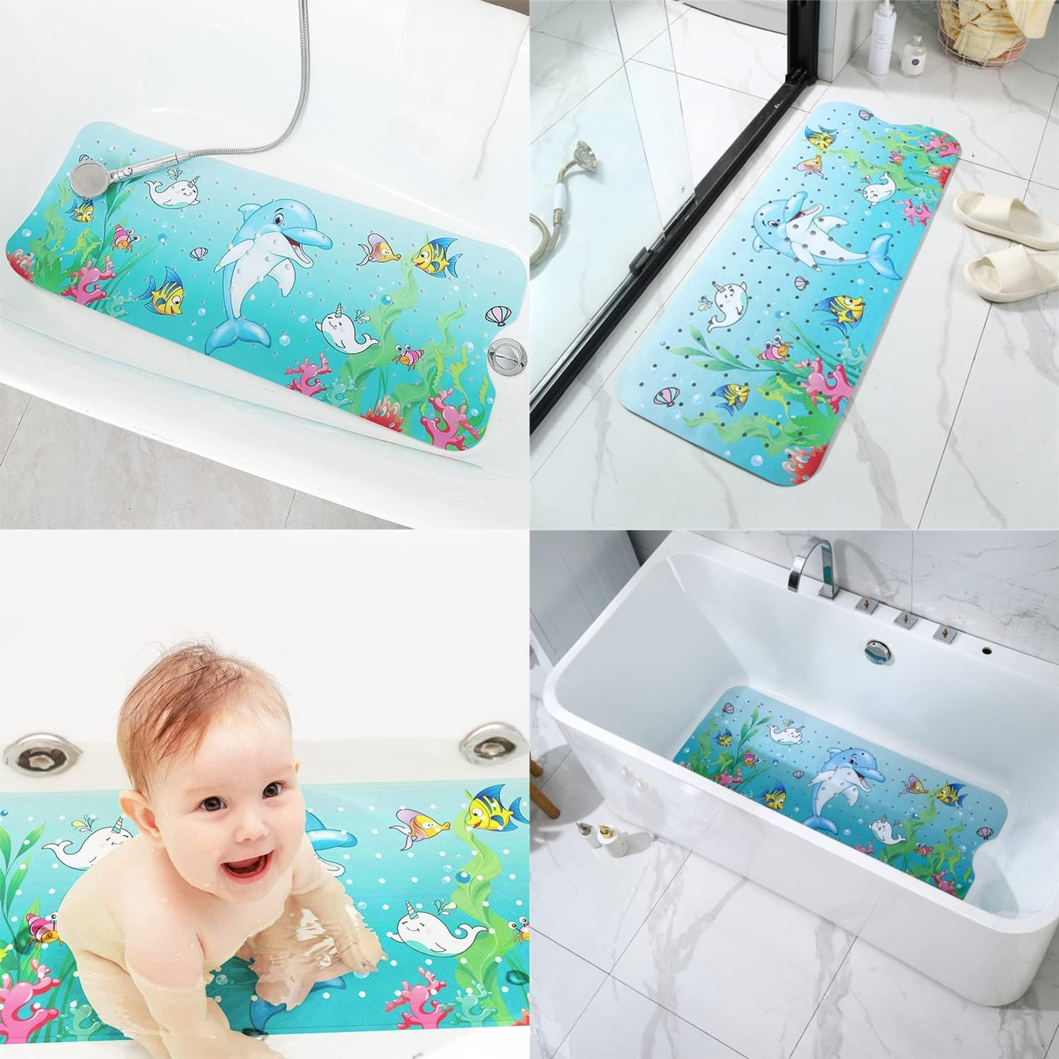 Fohouse Bath Mat for Tub for Kids Non Slip Baby Bathtub Mat Extra Long 40X16 Inch anti Slip Bathroom Toddler Shower Mat, Bath Mats with Suction Cups & Drain Holes, Machine Washable - B image number 4