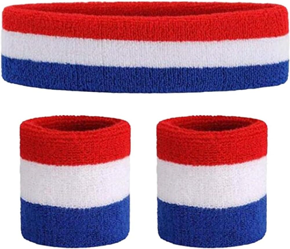 Unisex Headband and Wristbands - Thick Cotton Terry Cloth, Sweat Absorbing Bands, Sports Protective Gear, Yoga Headbands, Striped Headband and Wristband Set (Includes 2 Headbands and 4 Wristbands). image number 1
