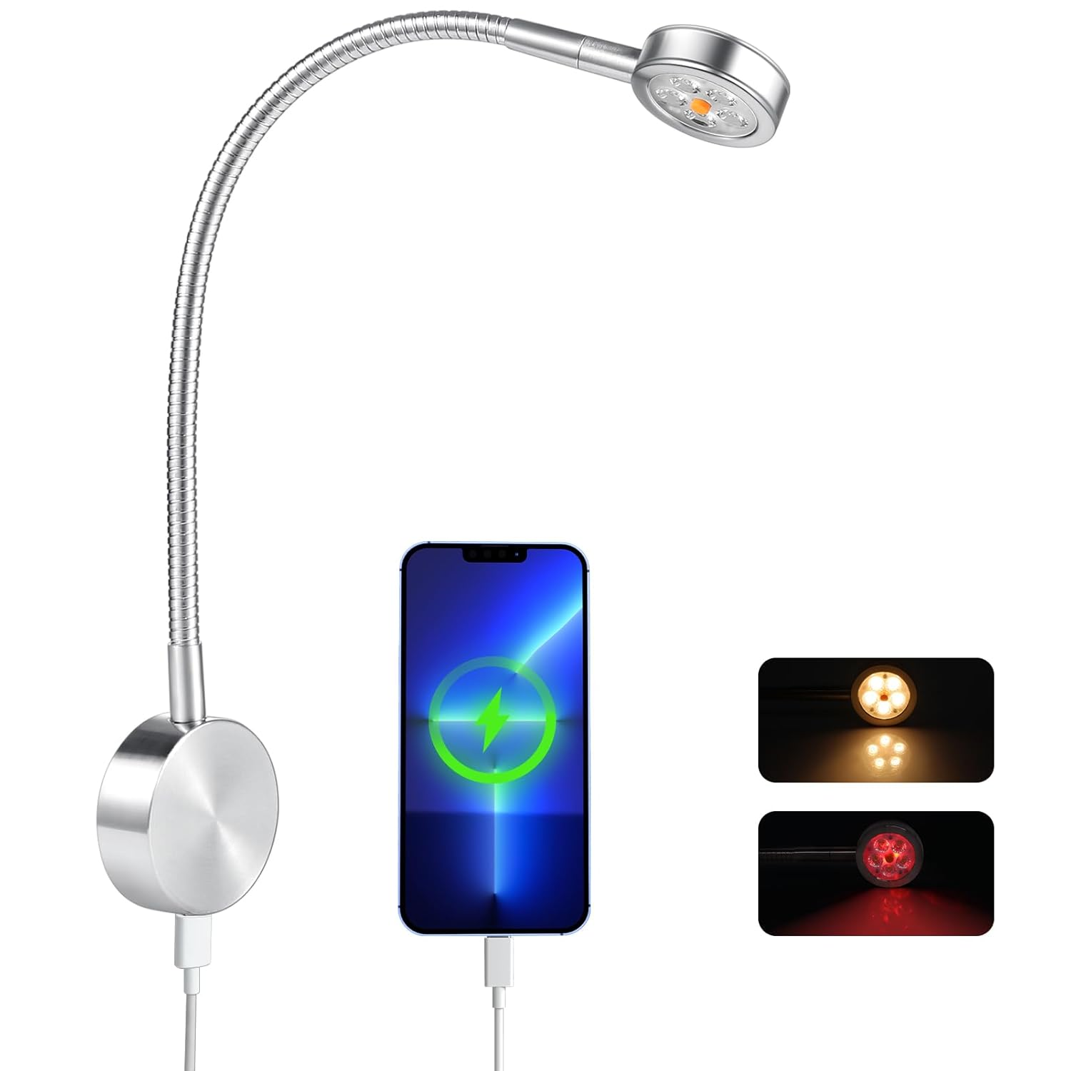 Obeaming 12V Reading Light RV Boat Flexible Spotlight, Built-In Dimmer Switch, Type C Charger, Red Night Light, 3200K DC12-24V Wall Light for Camper Van Caravan Yacht(Black)