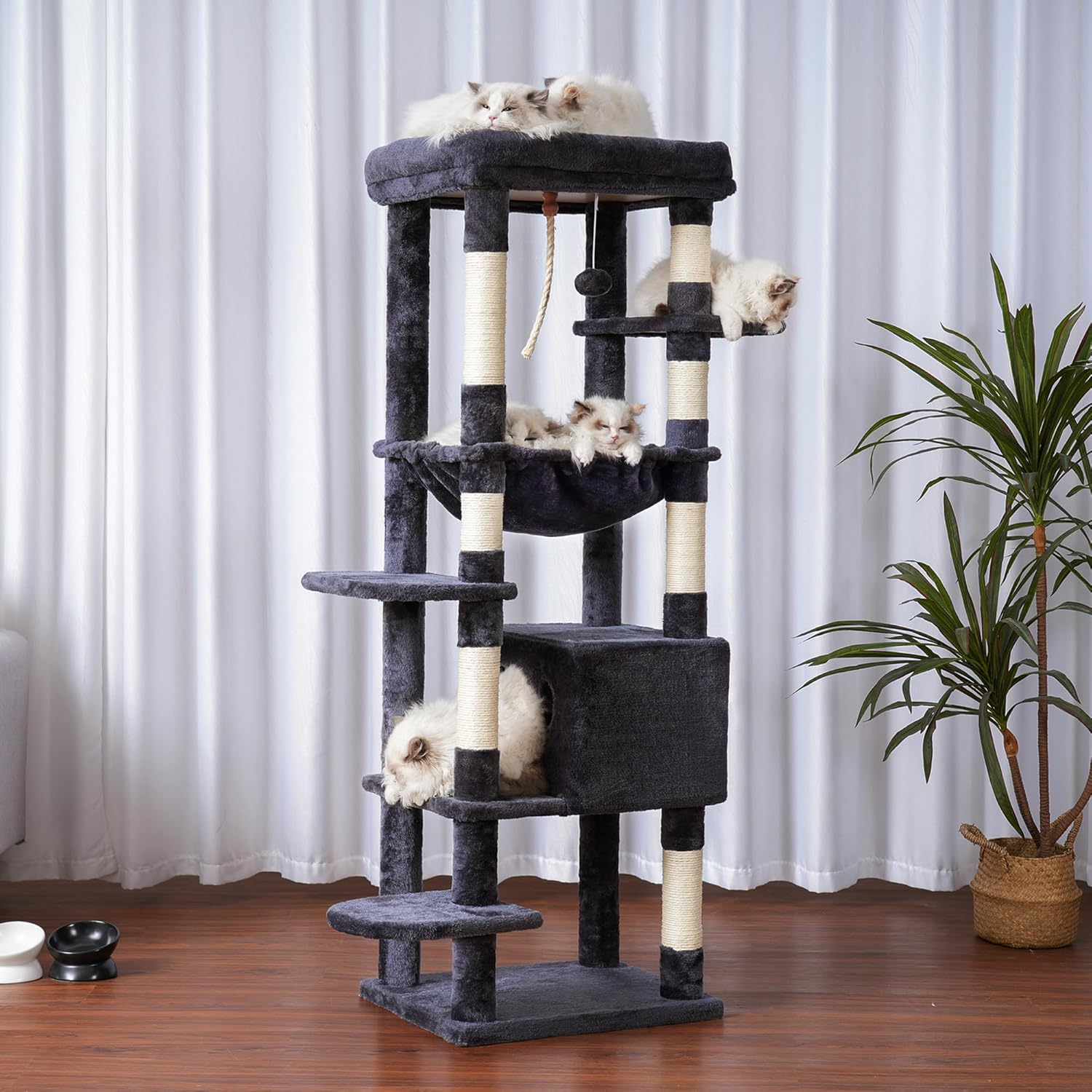 Heybly Cat Tree for Large Cats 20 Lbs Heavy Duty,60 Inches XXL Cat Tower for Indoor Cats,Multi-Level Cat Furniture Condo for Cats with Big Padded Plush Perch,Cozy Basket HCT050G image number 1
