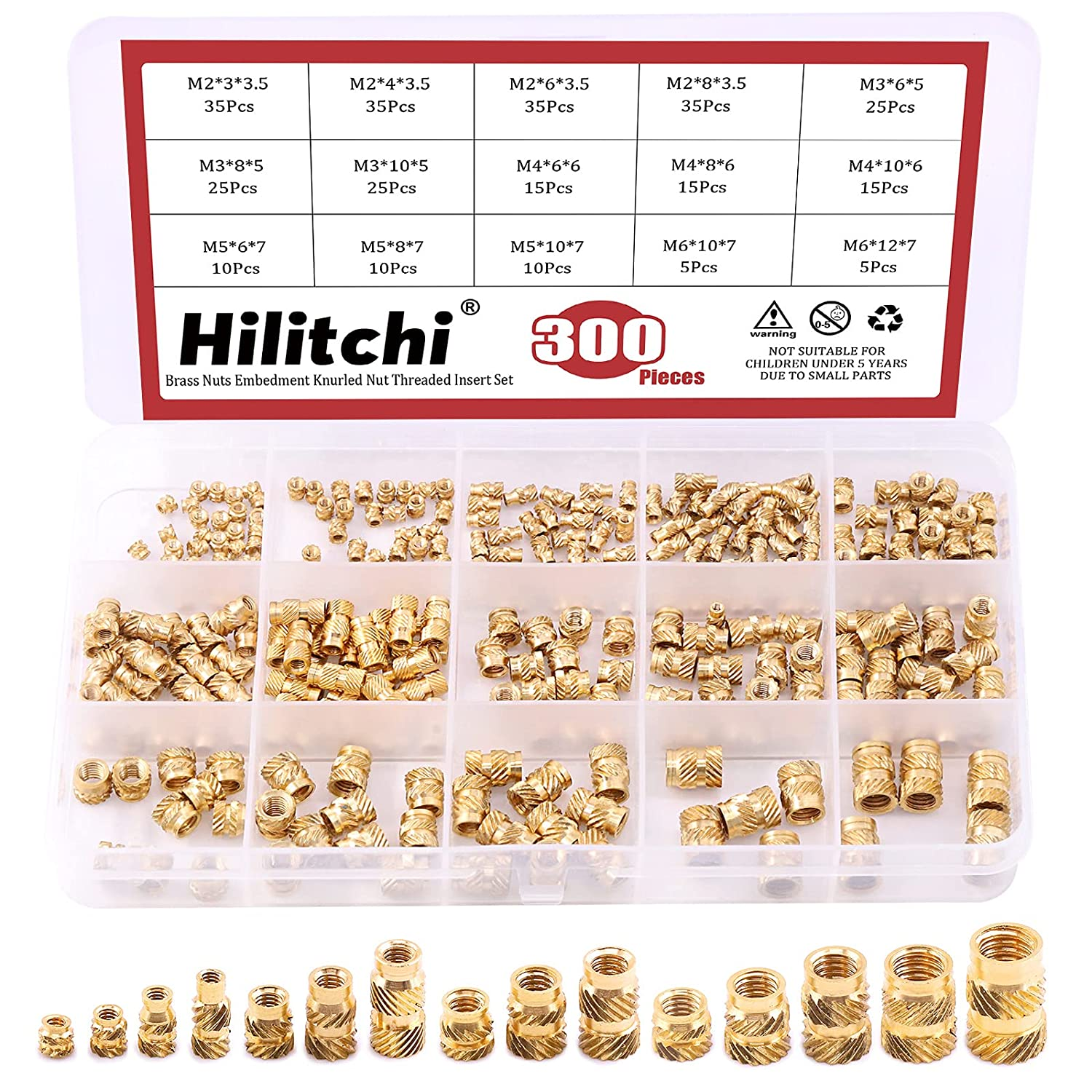 Hilitchi 300Pcs Brass Knurled Nuts Threaded Heat Embedment Nut for Printing 3D Printer and More Projects (Assortment Kit) image number 4