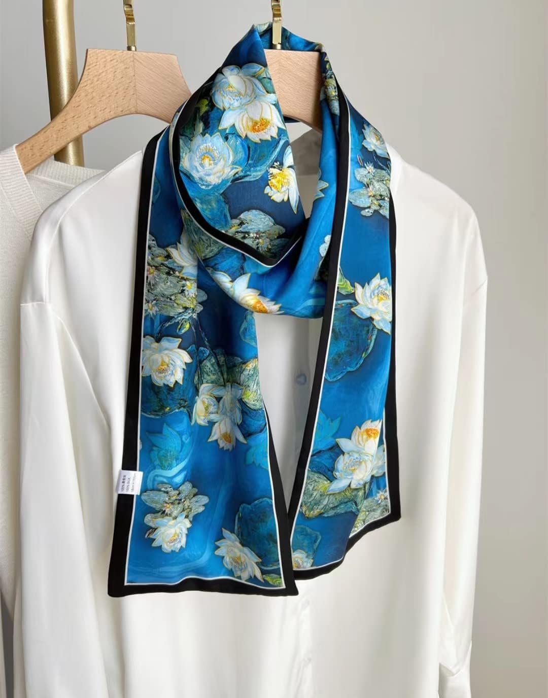 ANDANTINO 100% Silk Scarf for Women 59&rdquo;*6.3&rdquo; Long Shawls for Headscarf and Neck- Oblong Hair Wraps with Gift Packed - Bluewhite Lilies image number 3