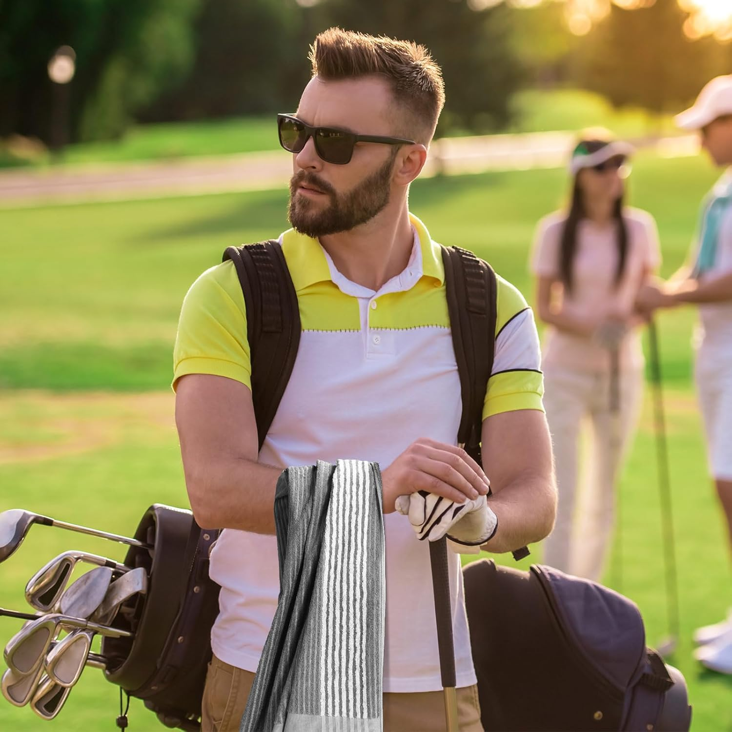 Buryeah Golf Towel 22 X 44 Inch Cotton Golf Caddy Towel Camping Large for Caddies Golfers Tour Players Club with Stripe(Blue,Gray,2 Pcs) - 3, Black,White,Blue image number 7