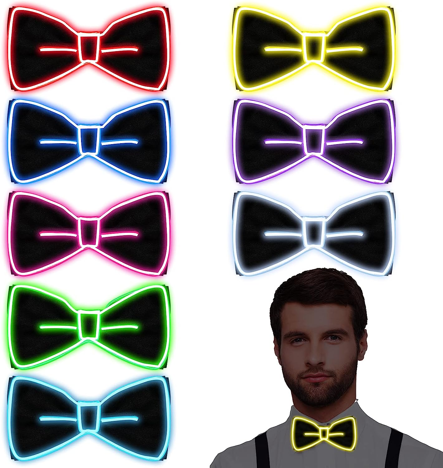 Jeyiour 8 Pcs Light up Bow Tie LED Bowtie LED Glow in the Dark Bow Tie for Men Funny Party Clothes Neon Costume Accessories for Rave Show, Novelty Glow Outfits, Neon (Blue, Green, Red, Yellow, Etc.)