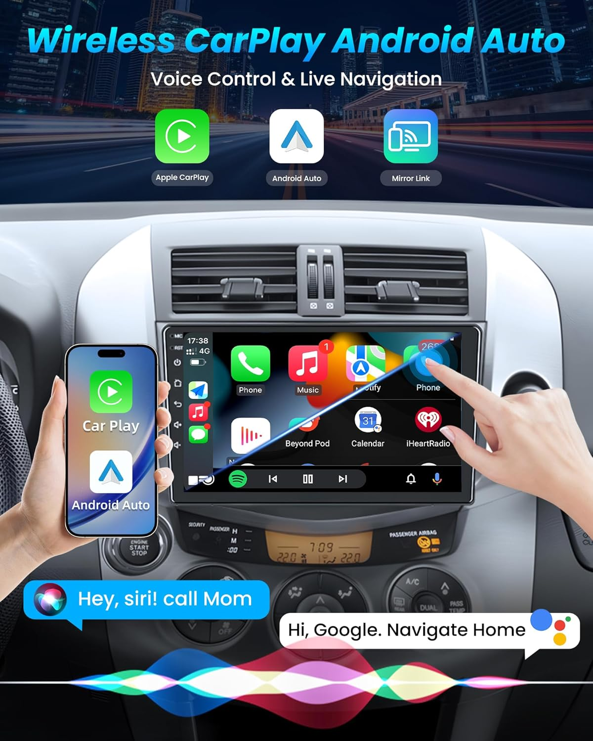 Car Radio for Toyota RAV4 2007-2012: [2G+64G] 9 Inch 1280 * 800 Touchscreen Stereo Replacement with Wireless Carplay Android Auto, Built-In Bluetooth, GPS, Wifi, FM, SWC, Mirror Link Backup Camera image number 5