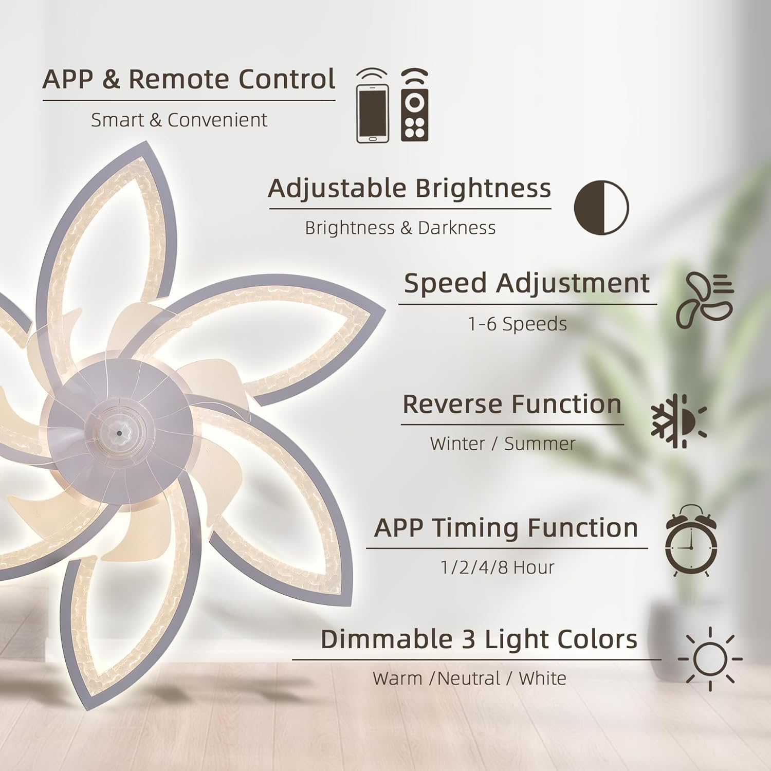 Ganeed LED Ceiling Fans with Light 6-Speed Ceiling Fan Lighting Dimmable Modern Ceiling Fan Light Fixture for Bedroom Living Room Kitchen - Black image number 7