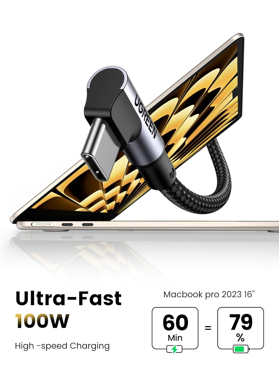 UGREEN 100W USB C to USB C Cable Right Angle, PD Charging Cord, 480Mbps Data Transfer, for Iphone 17, Macbook Pro, Ipad, Matebook, Chromebook, Pixel 10, Galaxy S25, Dell XPS, Switch, 3M, Black image number 6