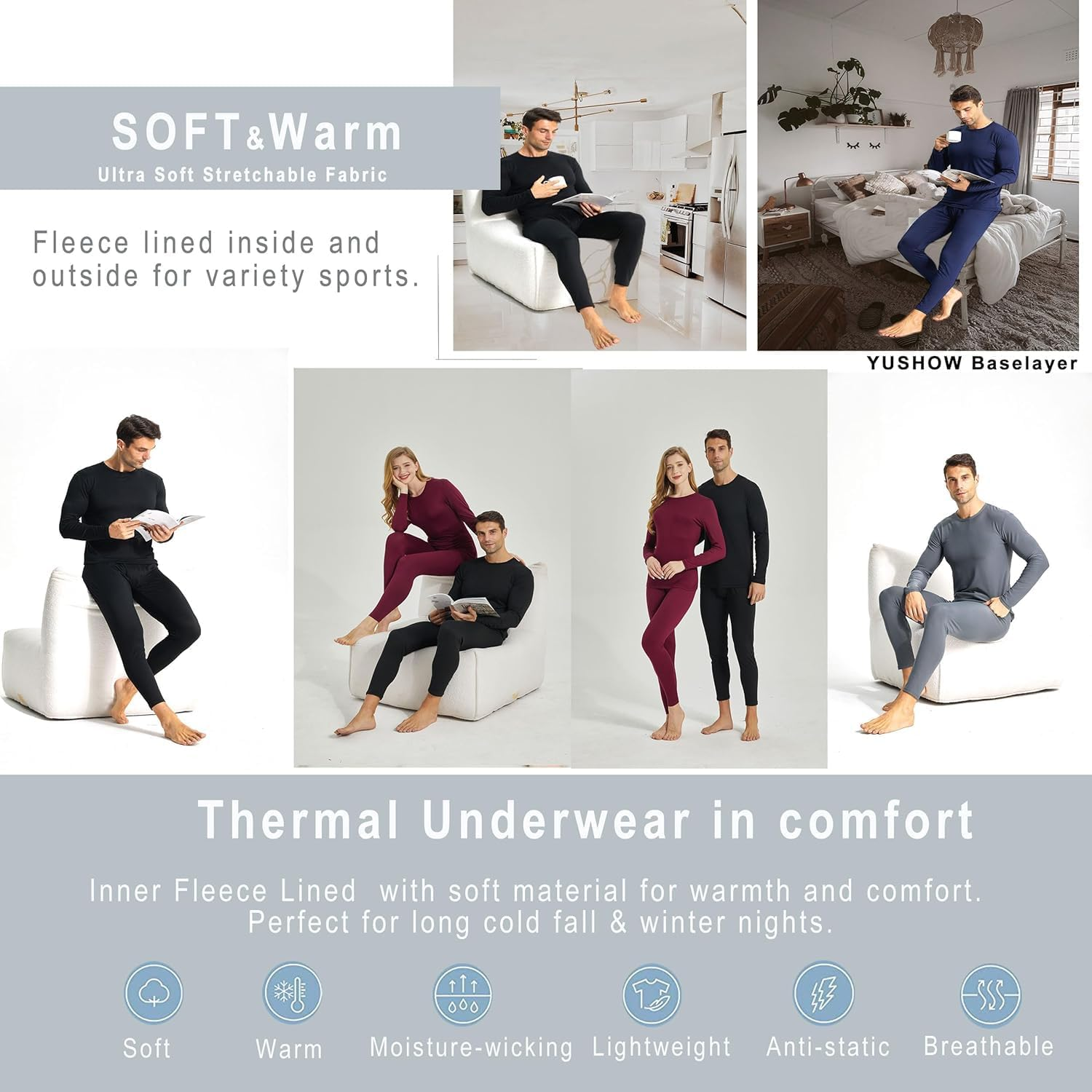 YUSHOW Mens Thermal Underwear Set Long Sleeve Tops Long Johns Thermal Base Layer Fleece Lined Compression Suit for Workout Skiing Running Hiking image number 5