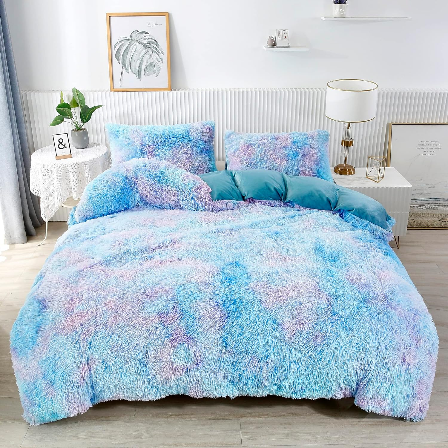RYNGHIPY Super Soft Fuzzy Faux Fur Duvet Cover Set, Twin Bedding Sets for Girls, Blue Tie Dye Plush & Velvet Flannel Comforter Cover with 2 Pillowcases (Colorful Blue,Twin) image number 6