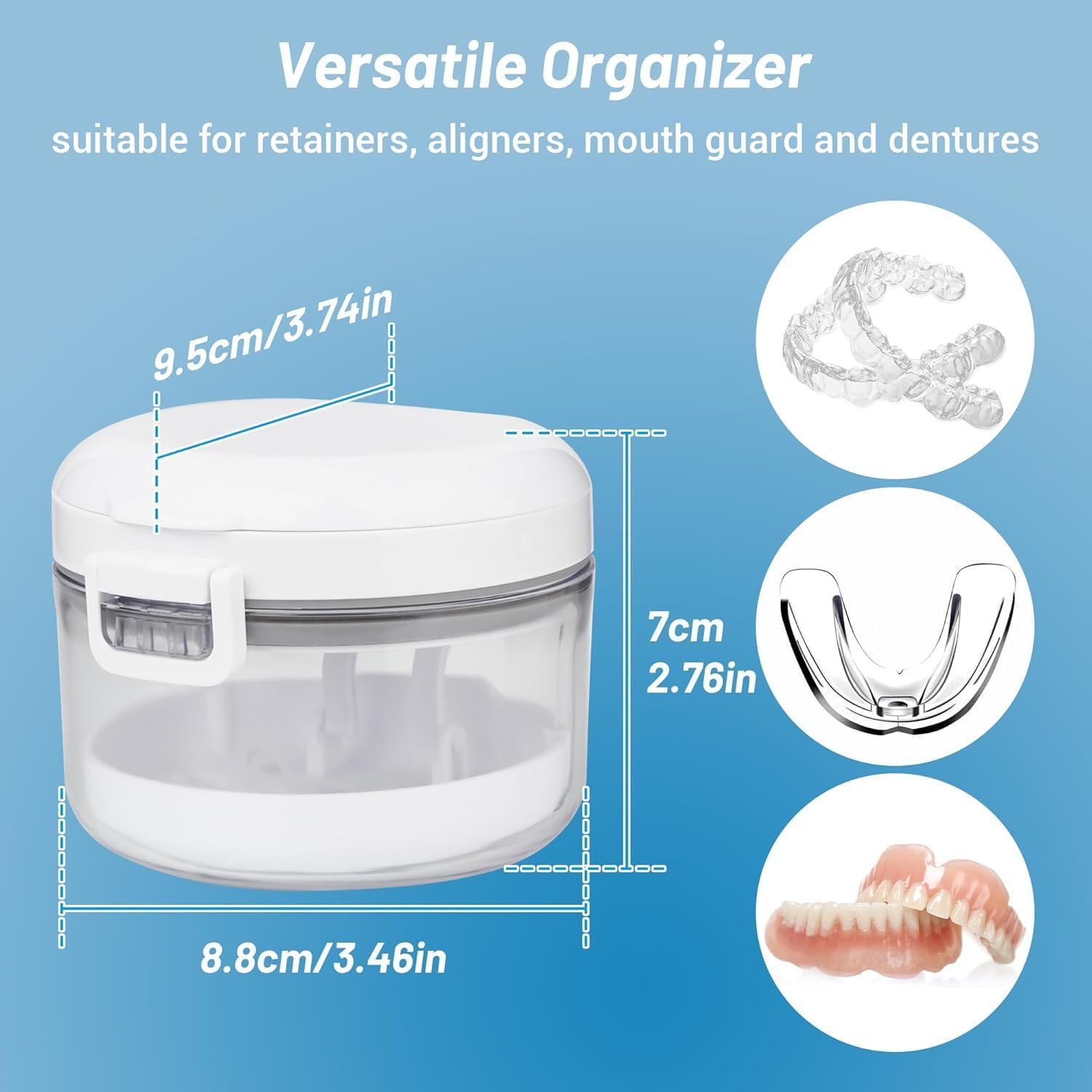 Denture Bath Box with Strainer Basket, 1 Pcs Clear Denture Case for Cleaning and Storage, Retainer Braces Aligner Soak Container, Portable Travel Cup with Drain Tray, White image number 1