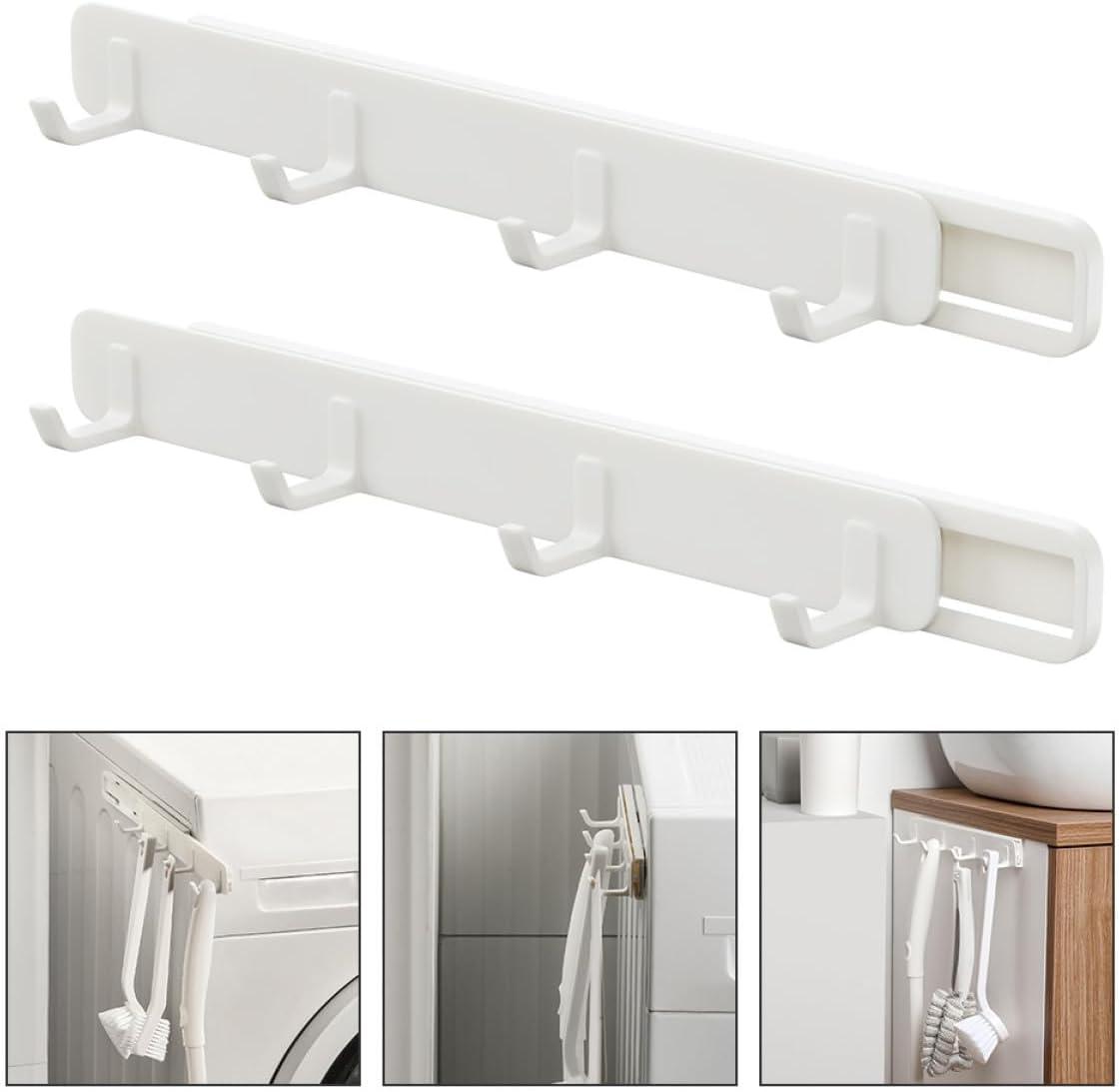 ABOOFAN 2Pcs Retractable Free Punch Wall Gaps Hooks White Kitchen Bathroom Hanging Row Hooks for Towel Coat Hat Storage image number 1