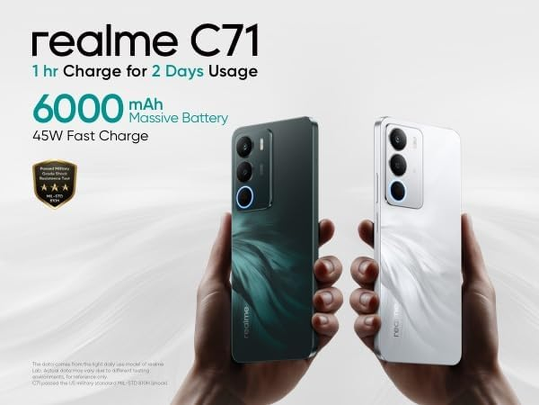 Realme C71 4G Smartphone, 6 + 128 GB, 6000 Mah Battery, 45 W Charge, Octa-Core Chipset, 50 MP AI Camera, 24 GB Dynamic RAM, 120 Hz Display, Grade Shock Resistance, Daily Water Resistance, White Swan image number 2