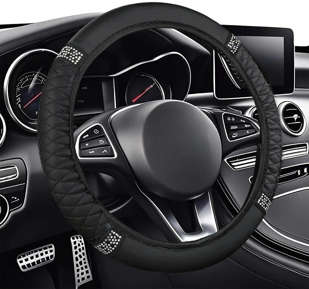 Car Steering Wheel Cover, 15 Inch Bling Rhinestone Soft Leather, Diamond Crystal for Women, Elastic Steering Wheel Protector for Most Cars (Black) image number 4