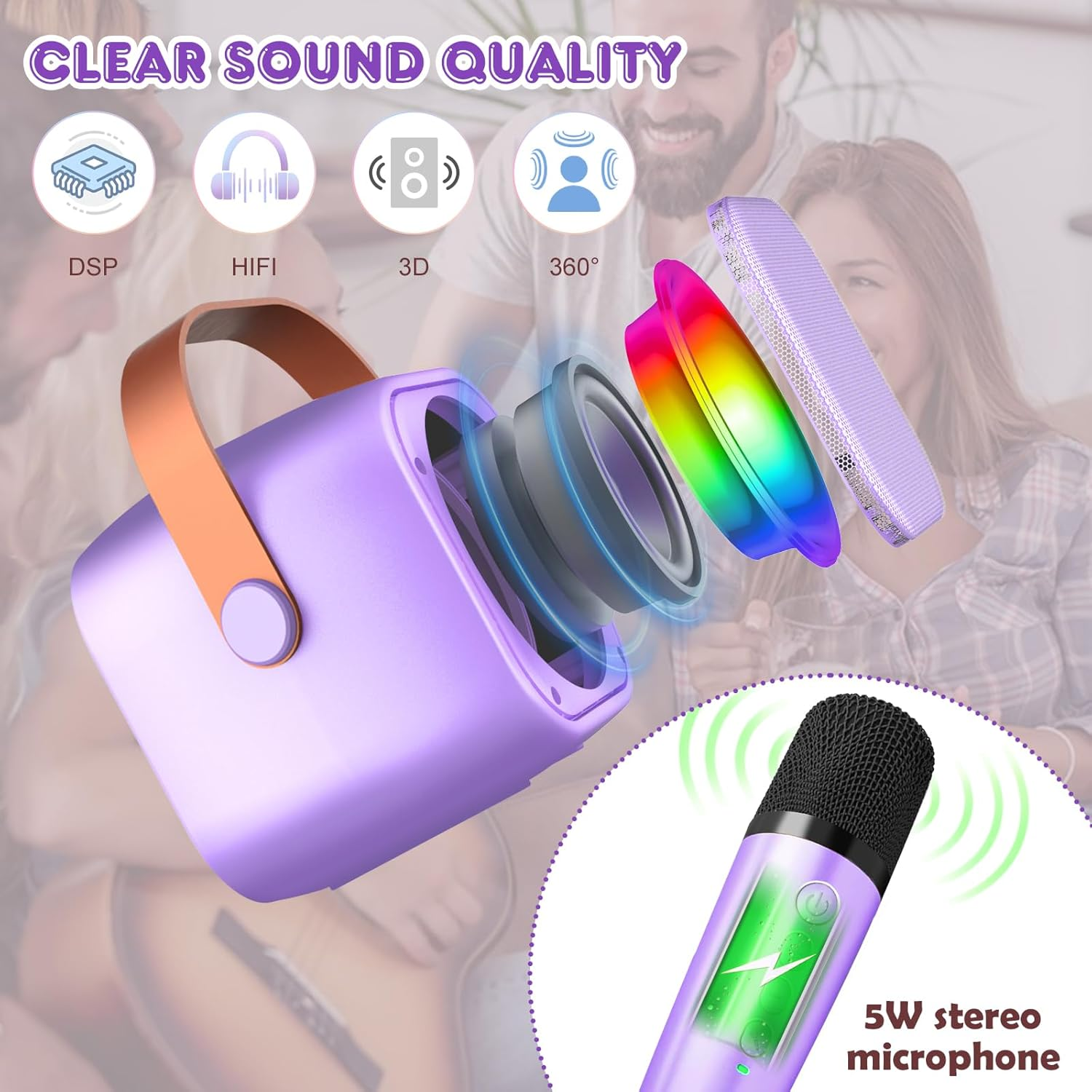 Karaoke Machine Kids for Adults Kids Portable Bluetooth Speaker with 2 Wireless Microphones and Player for 3-12 Years Old Boys Girls Birthday Family Party Gift Toys (Purple) image number 6
