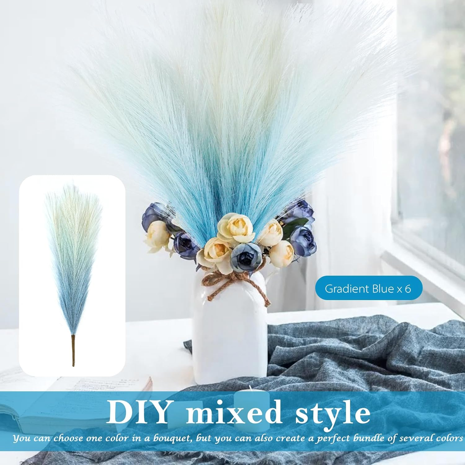 Lenamos 6 PCS Faux Pampas Grass Arrangement - 17.7"/45Cm Artificial Fluffy Pompous Grass Stems for Boho Chic Home and Wedding Decor (Gradient Blue)