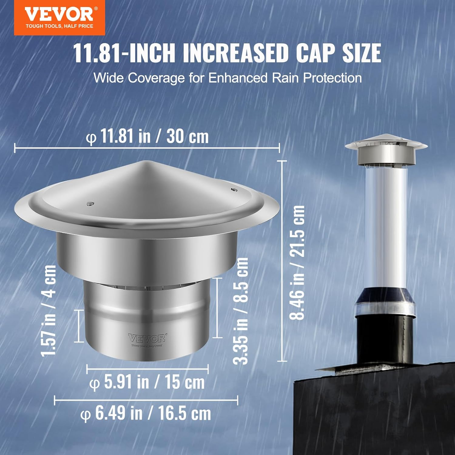 VEVOR Chimney Cap 6 Inch All Weather & Reinforced Screws & Easy Installation, for Perfect Insulation Vent Cover Outside, Silver image number 6