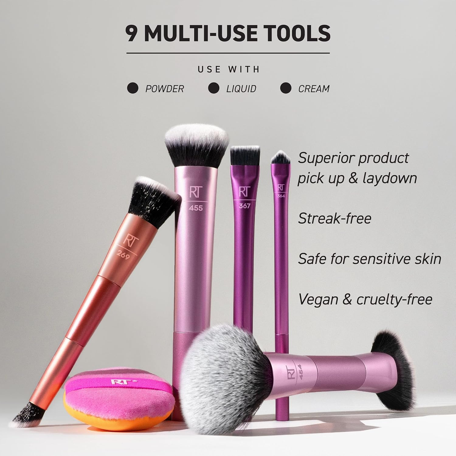 Real Techniques Big Blends Energy Brush + Dual-Sided Puff, 6 Piece Kit for Powder, Cream & Liquid Application, Precision Tools for Contour, Blending & Finishing, Vegan & Cruelty-Free image number 6