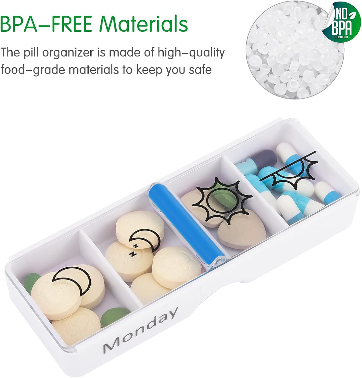 Weekly Pill Organizer 4-Times-A-Day 7 Day Pill Box Large Compartments Moisture-Proof Pill Case Medication Organizer Portable Travel Container for Vitamins Fish Oil Compartments Supplements Easy Grip image number 1