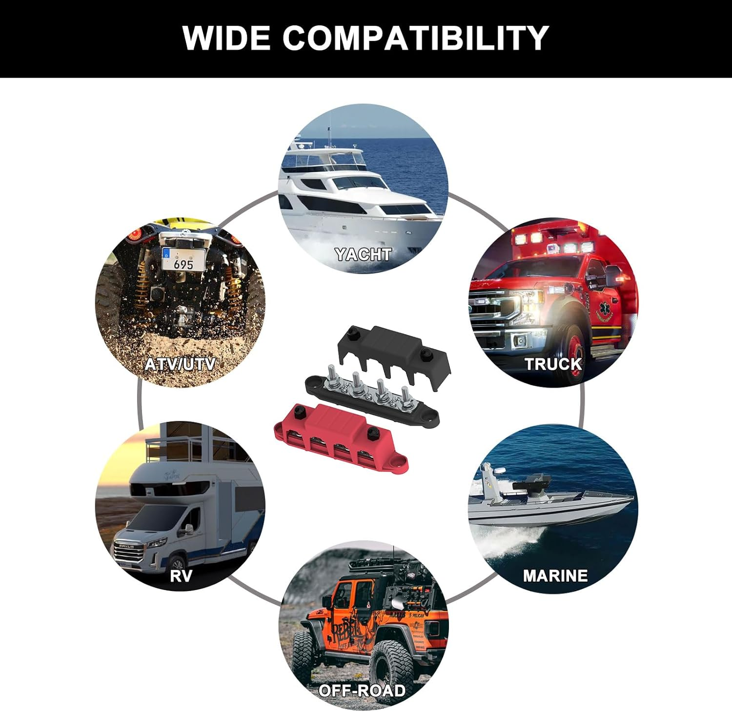 Bus Bar 250A 12V Power Distribution Block with 5/16" (M8) 4-Posts Terminals Block with Cover for Automotive, Marine, Battery System (Black & Red) image number 4