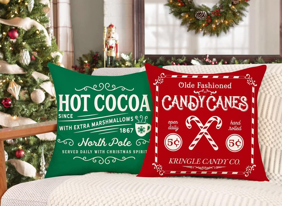Farmhouse Christmas Pillow Covers 18X18 Set of 4 Winter Holiday Decorations Xmas Red Green Rustic Throw Cushion Case for Sofa Couch Home Decor (Sleigh Rides, Farm Fresh Tree, Cocoa, Candy Canes) image number 5