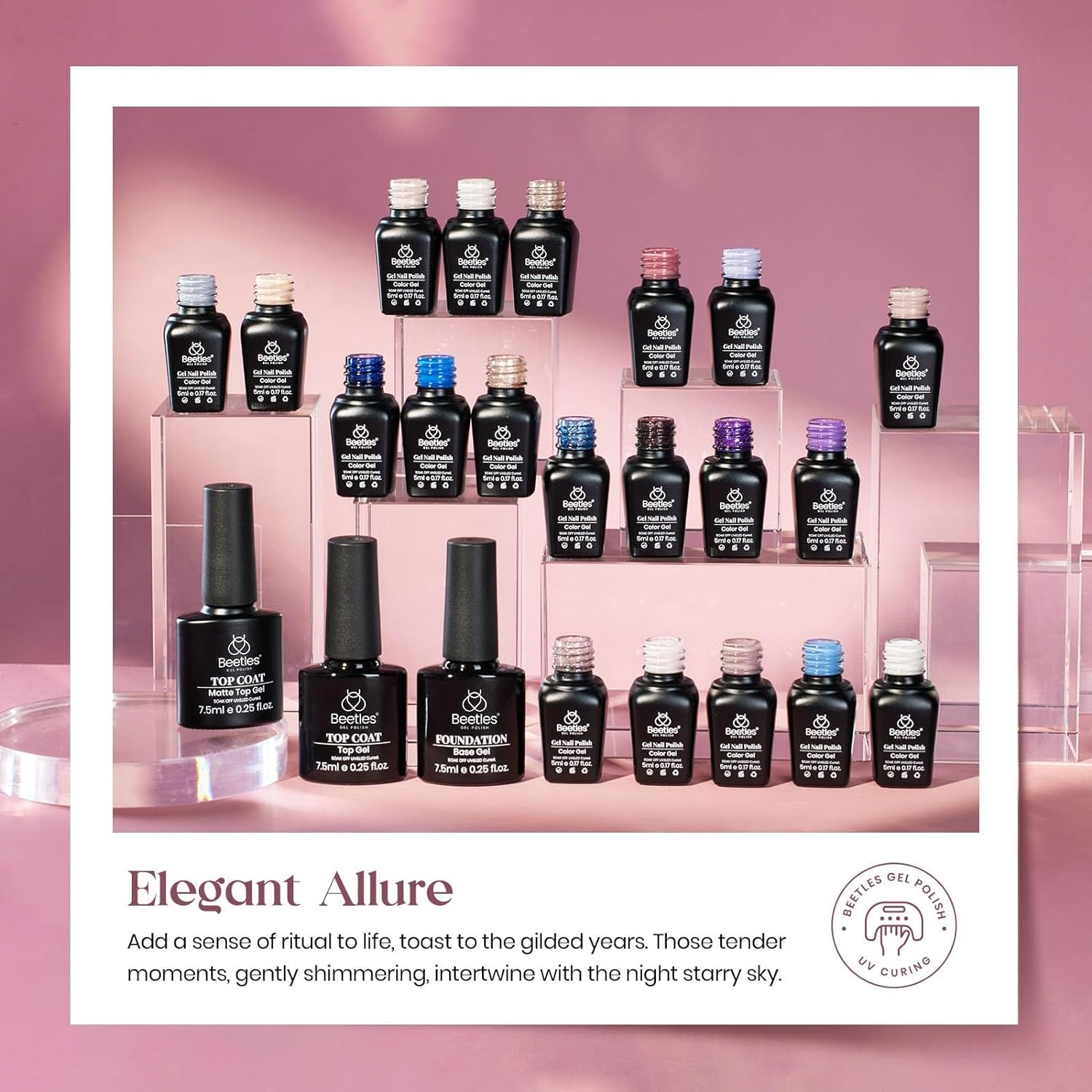 Beetles Gel Polish Nail Set 20 Colors Elegant Allure Collection Pink Purple Navy Blue Glitter Gel with 3 Pcs Base Matte and Glossy Top Coat Led Soak off Trendy All Season Manicure Kit for Women