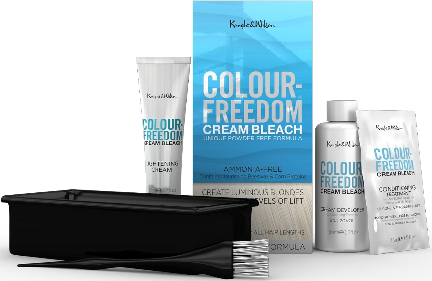 Knight & Wilson Color-Freedom Cream Hair Bleach Kit. Ammonia-Free Formula Lifts up to 8 Shades. Protects & Repairs While Lightening. Complete Hair Bleaching Kit with Tint Bowl, Brush, Gloves & Cap image number 4