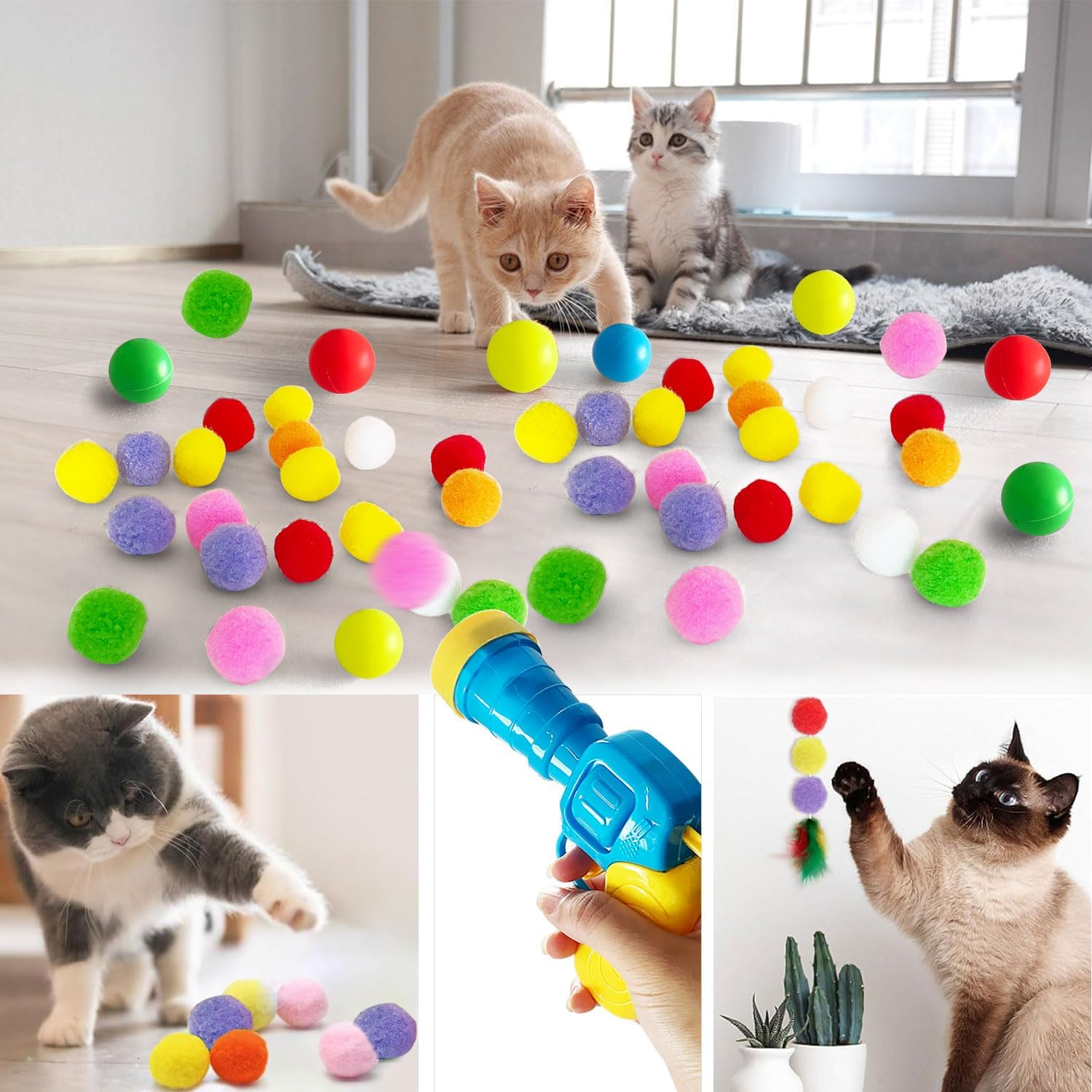 Interactive Cat Toys, Cat Ball Toy Launcher,Cat Ball Gun with 100Pcs Soft Pom Pom Balls and 50Pcs Plastic Balls,Shooting Gun Plush Ball for Indoor Pet Cat Exercise,Training,Chasing (150 PCS, Style 2) image number 4
