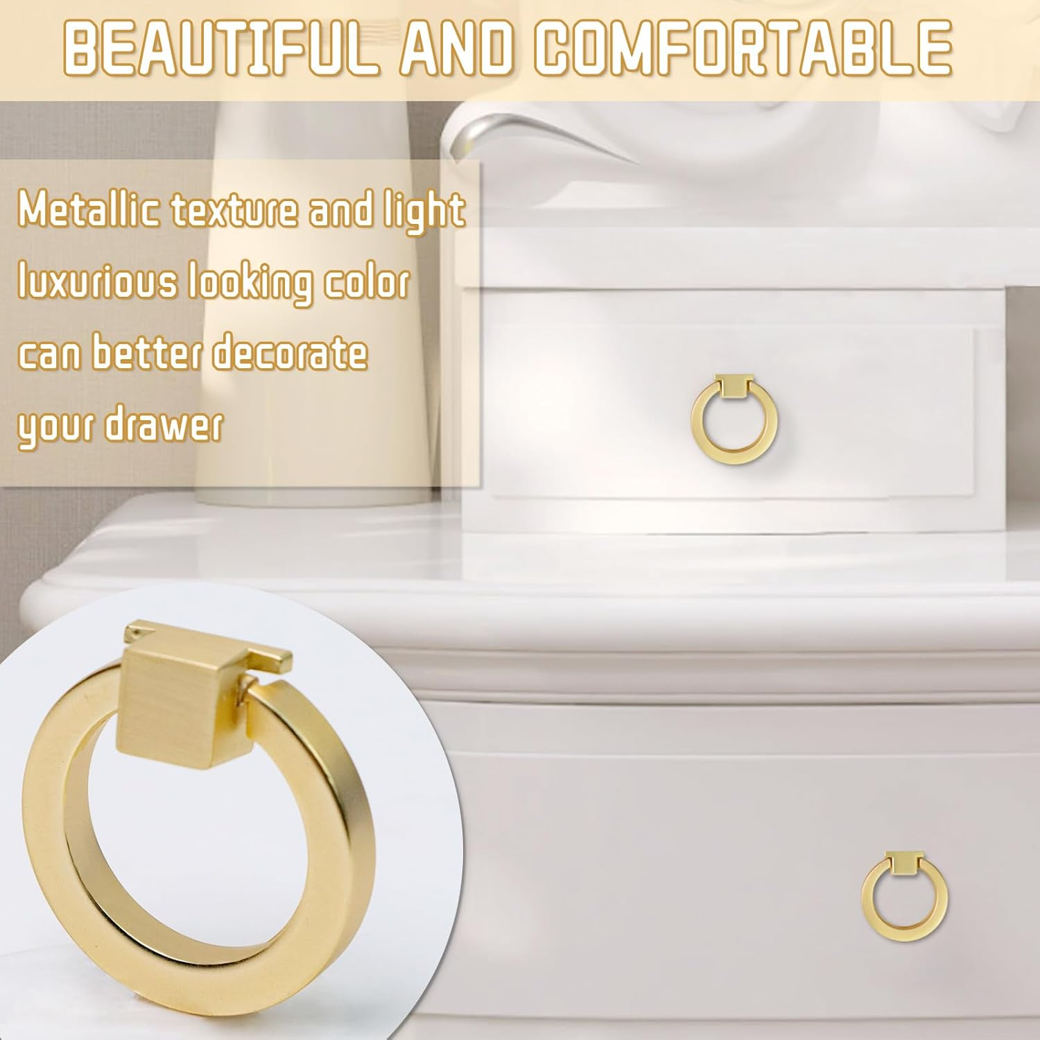 4 Pack Cabinet Knobs, Gold Drawer Pulls, Ring Pulls for Dresser Gold Cabinet Pulls, Brushed Gold Cabinet Knobs for Cupboard Wardrobe (Gold) image number 3