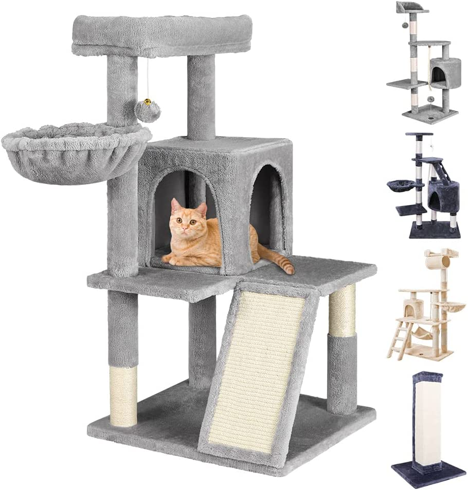 BEASTIE Cat Tree 100Cm Multi-Level Cat Tower with Scratching Posts, Cat Condo Play House Wood Furniture for Kittens Climbing and Rest, Sisal-Covered Cat Scratcher Tower with Plush Perch in Grey Colour