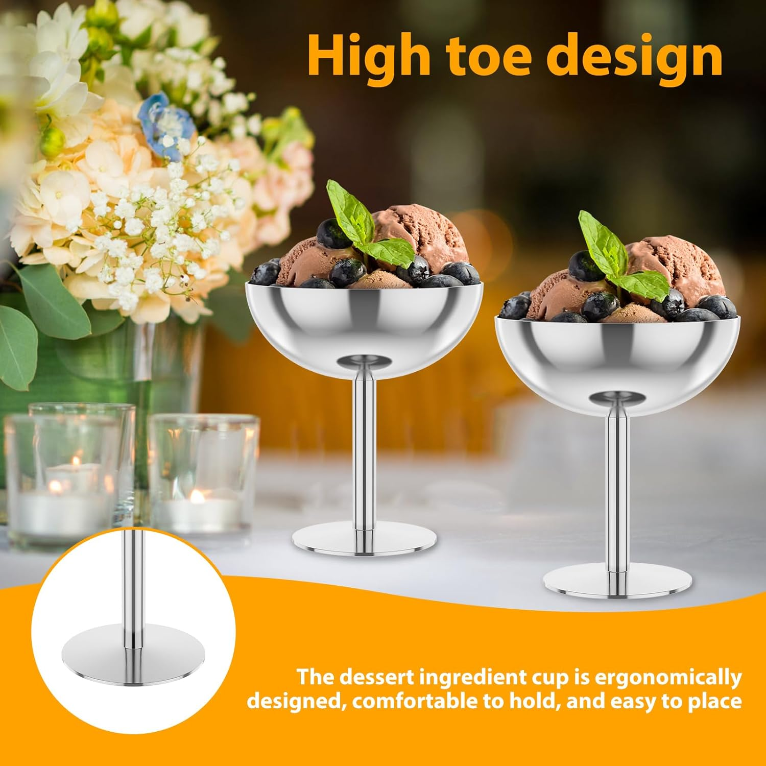 NIPUAEGO 2Pcs Stainless Steel Ice Cream Bowl, Multipurpose High Footed Foot Party Ice Cream Cup for DIY Ice Cream Parfait Banana Pudding Silver image number 6