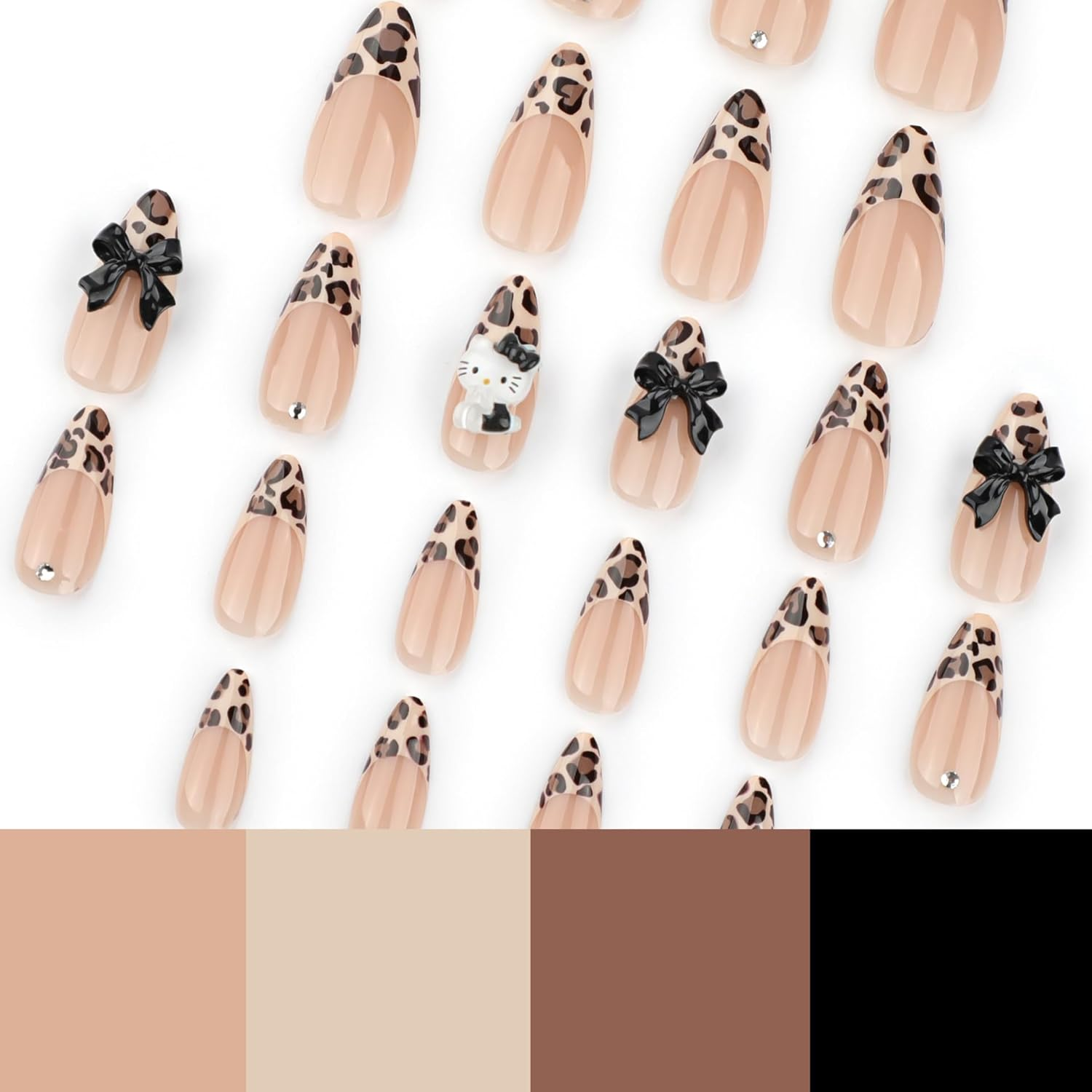 ＴＩＺＹＦＦ Press on Nails, French Leopard Print Hello Kitty Cat Three-Dimensional Point Diamond Bow False Nails, Artificial Nails for Women and Girls -24 Pc image number 3