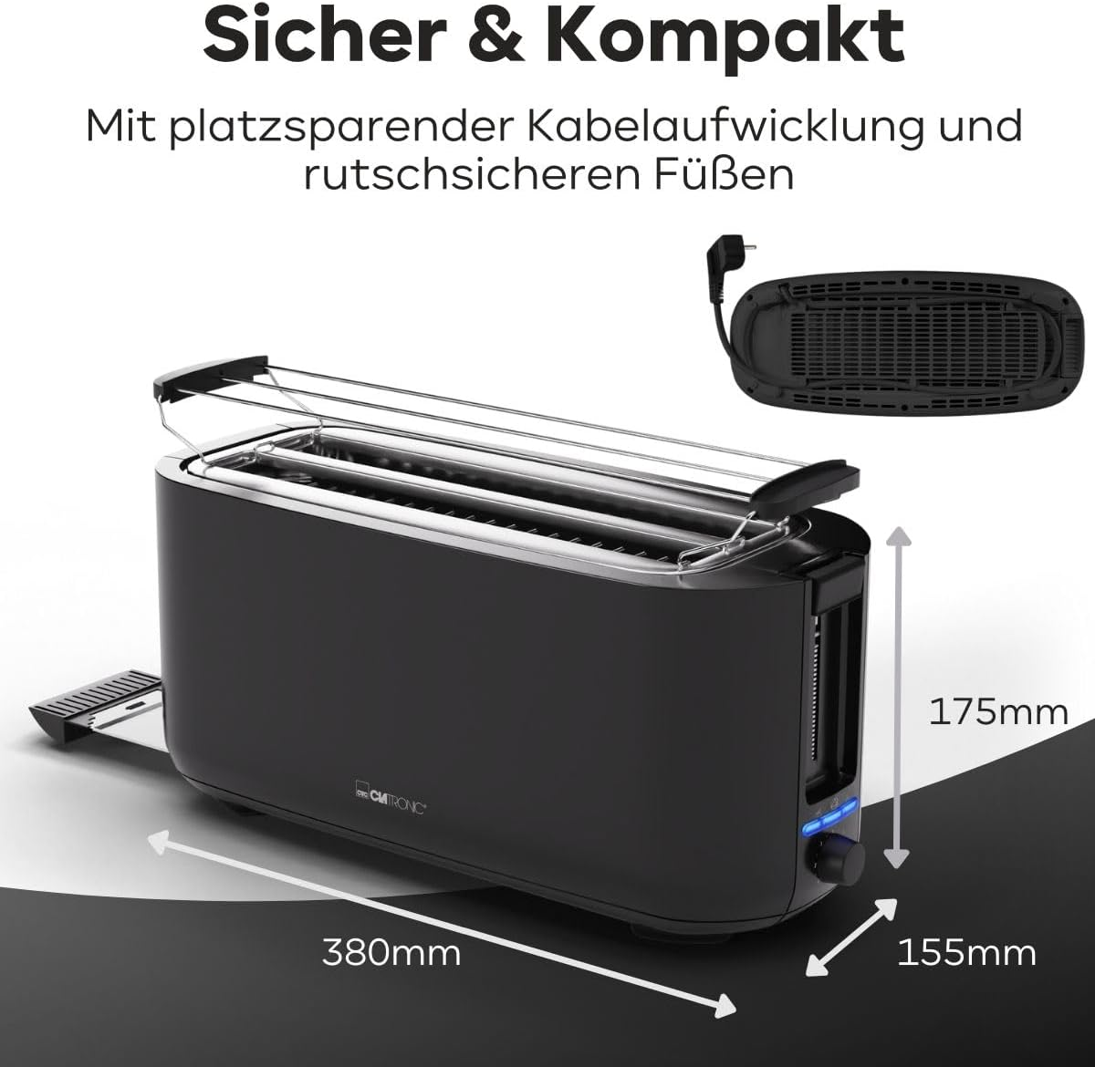 Clatronic TA3802 1400 W Black 2 Long Slot Toaster &ndash; Defrosting, Warming, Automatic Shutdown, Adjustable Browning Level, Crumb Tray, Non-Slip Feet image number 4