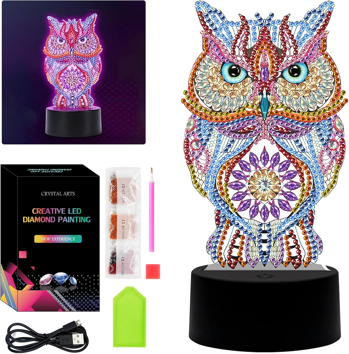 Arts and Crafts Toys for Girls Kids：Make Your Own GEM Led Colourful Night Light，3D Diamond Art Painting for 5-10 Years Old Boys Women Birthday Xmas Gift, Owl image number 1