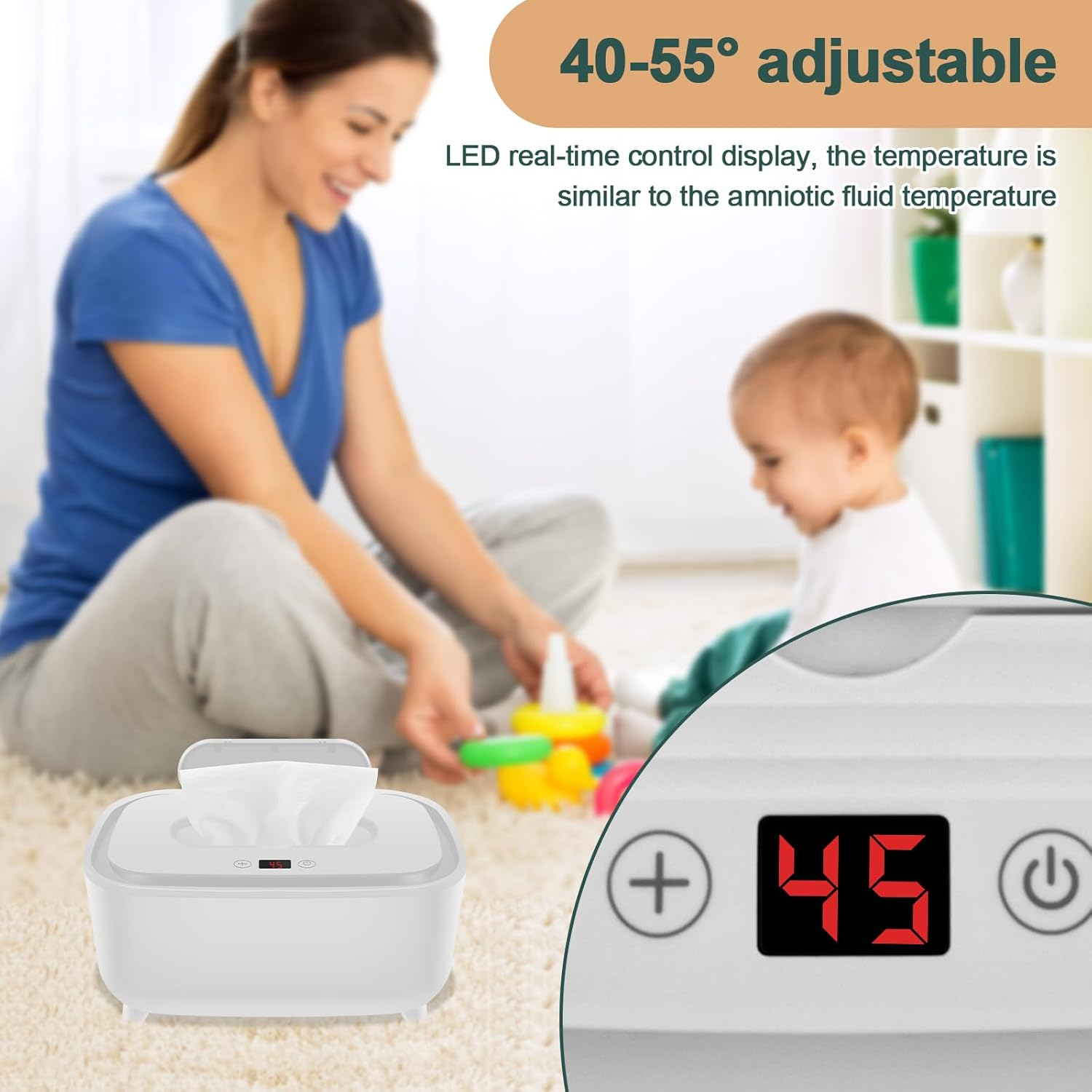 Baby Wipe Warmer, Large Capacity Wipe Dispenser Warmer Intelligent Adjustable Temperature Infant Wipes Heater Top Heating Bottom Moisturizing Wipe Warmer for Babies Infants (White) image number 3