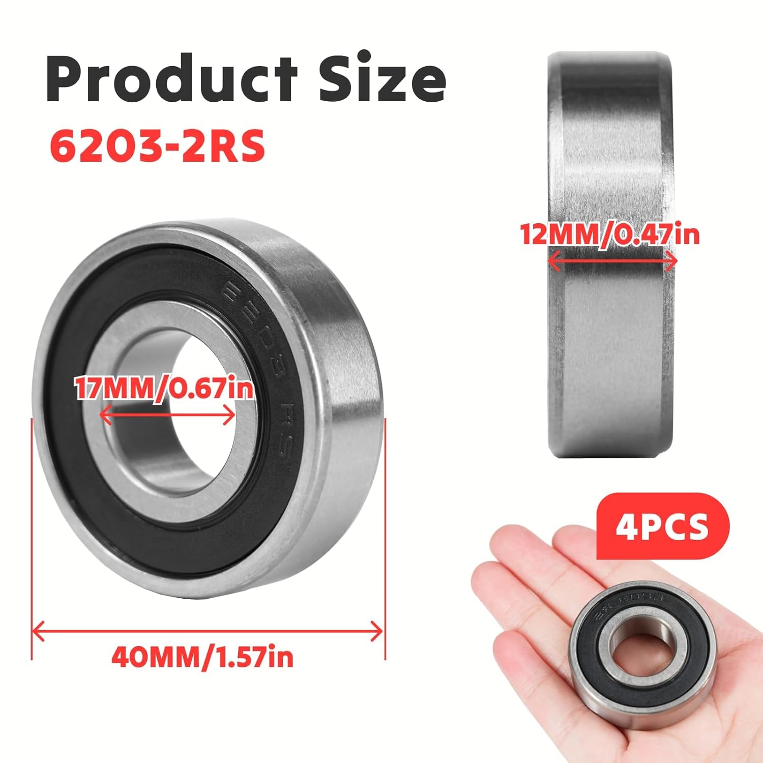 6203-2RS Deep Groove Ball Bearings 4Pcs, Double Sealed, 17X40X12Mm, Replacement for Motors & Equipment image number 3