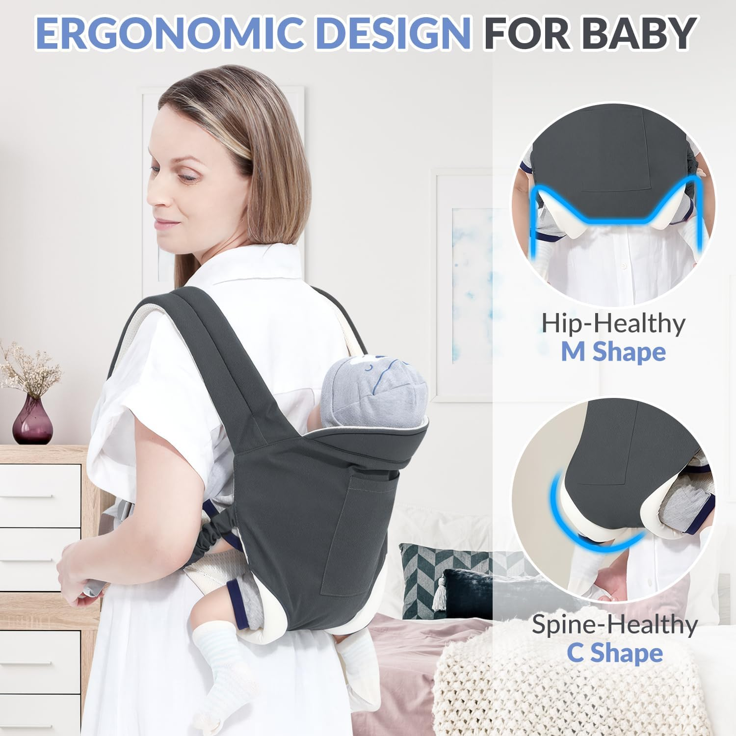 Slowton Baby Carrier for Infant to Toddler 7-55Lbs, Ergonomic Breathable Baby Carrier with Adjustable Shoulder Strap, Baby Drool Bib & Knee Support, Easy to Wear, Perfect for Summer Outing (Grey) image number 6