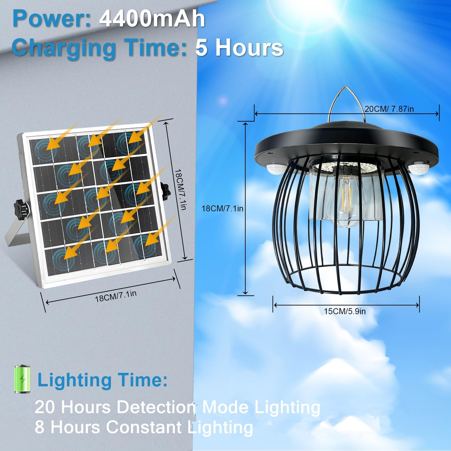 Solar Pendant Light Outdoor, Hanging Lantern with Motion Sensor, Remote Control Shed Light, Security Lighting Fixtures, 4400Mah Rechargeable Panel IP65 Waterproof for Yard, Patio, Gazebo image number 3