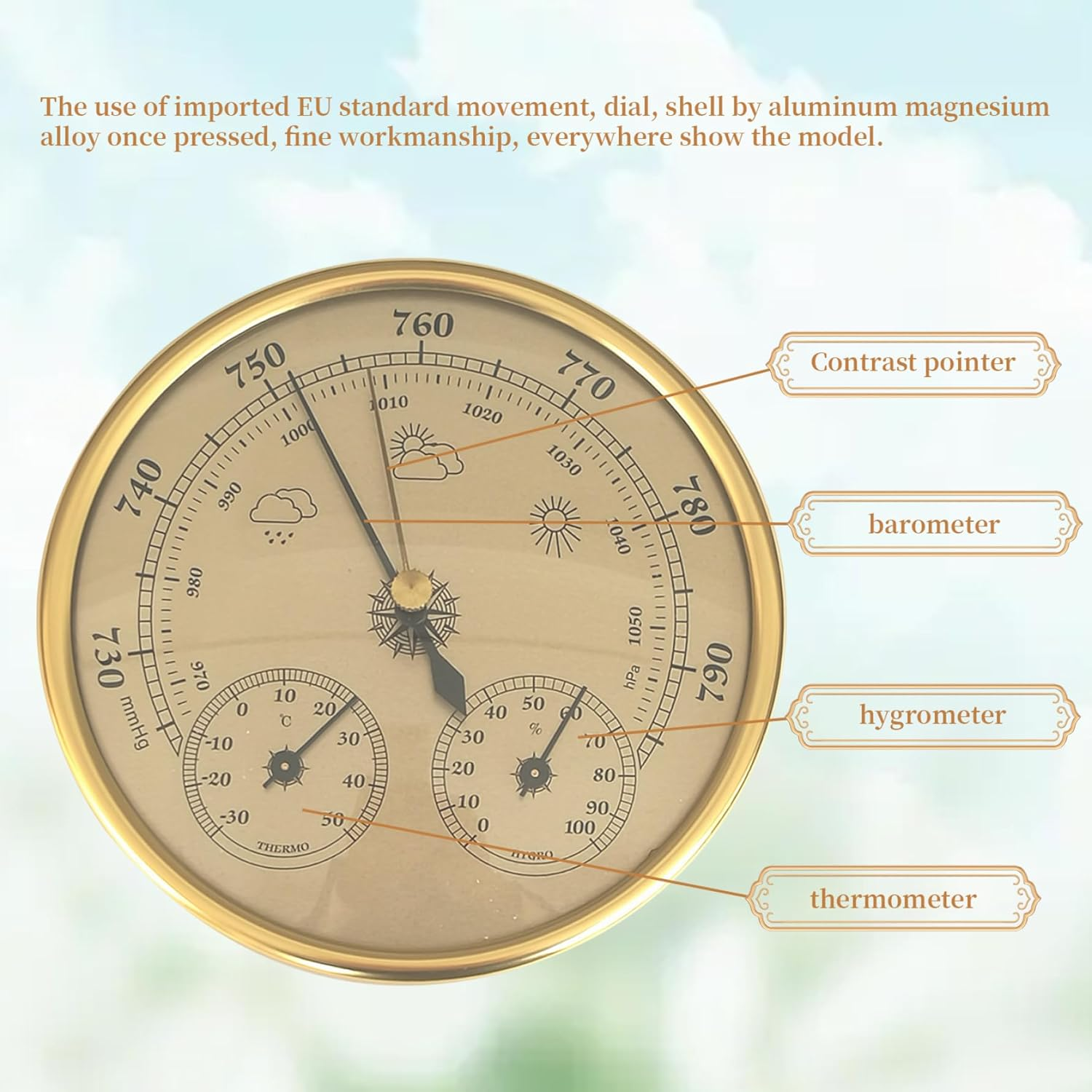 3 in 1 Barometer Indoor Metal Barometer Thermometer Hygrometer Golden Weather Barometer with Temperature Humidity Weather Station 5 Inch in Dia for Indoor Outdoor Weather Barometer-