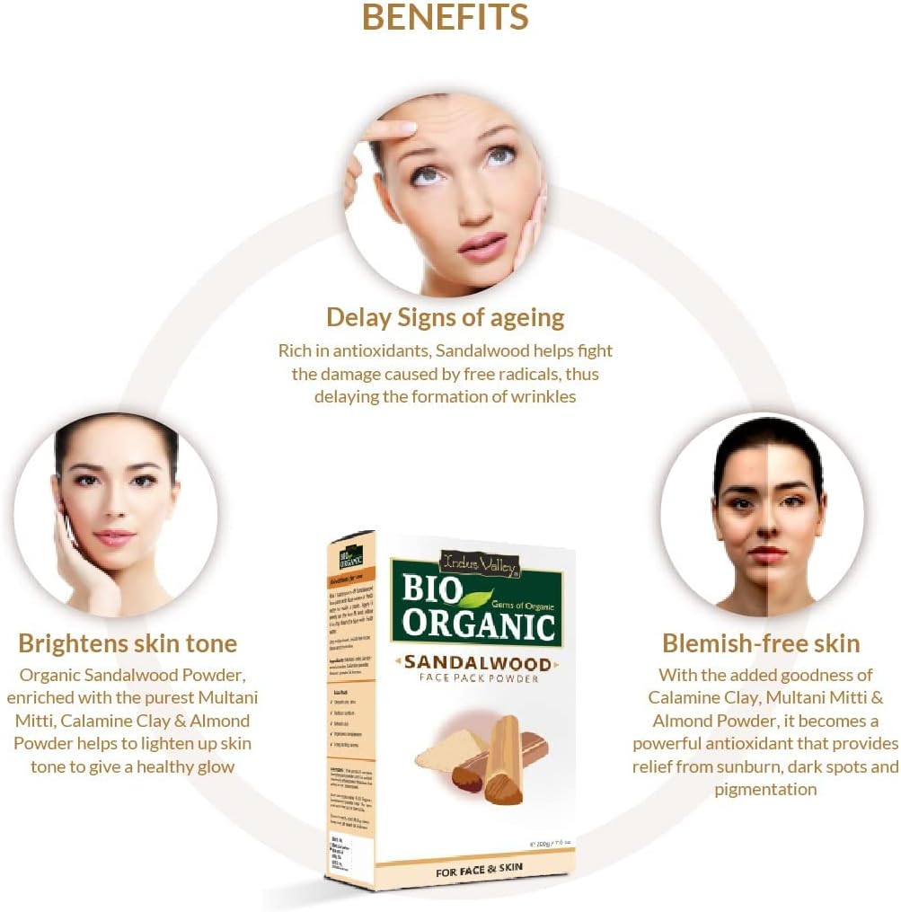 INDUS VALLEY Bio Organic Sandalwood Face Pack Powder Santalum Album, Chandan Powder for Face and Skin Care, (Face Glowing & Tan Removal Face Pack 200Gm) image number 3