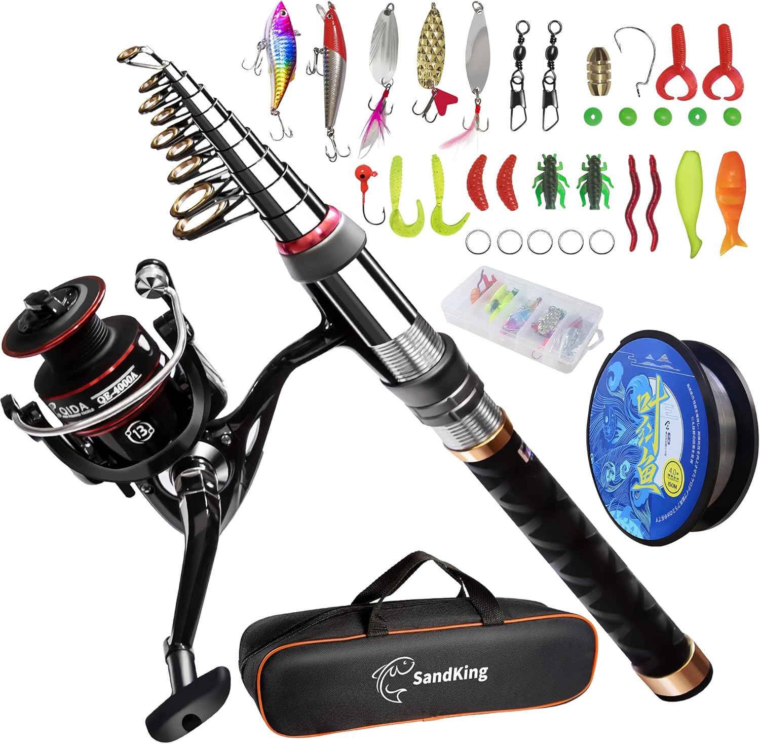 Fishing Pole Kit, Carbon Fiber Telescopic Fishing Rod and Reel Combo with Spinning Reel, Line, Bionic Bait, Hooks and Carrier Bag, Fishing Gear Set for Beginner Adults Saltwater Freshwater