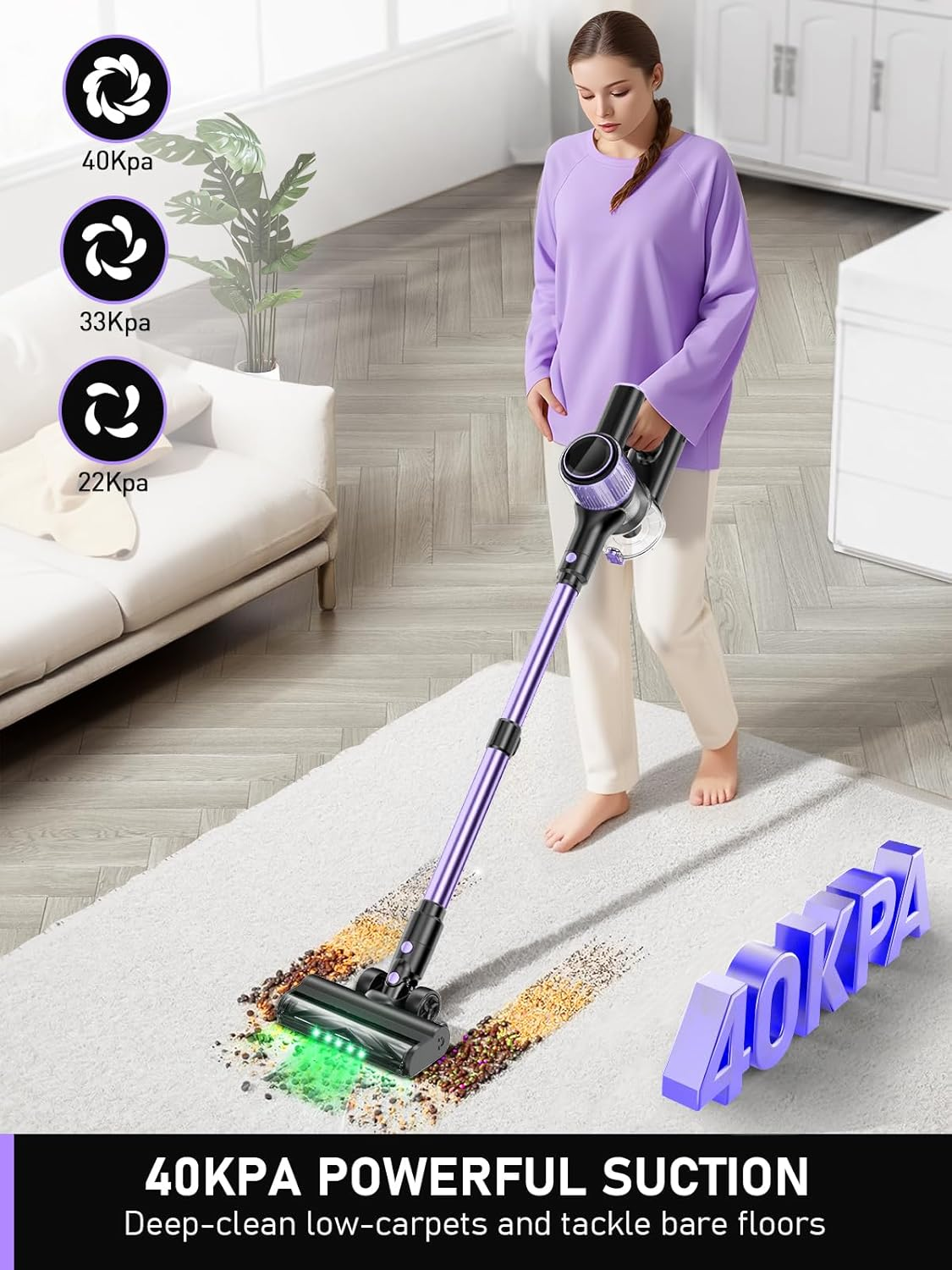 Cordless Vacuum Cleaner, 10-In-1 Stick Vacuum with Powerful Suction, Hose, Anti-Tangle Brush, Green LED Light, Lightweight Rechargeable Vacuum Cleaner for Home, Hardwood Floors, Carpets, Pet Hair image number 5