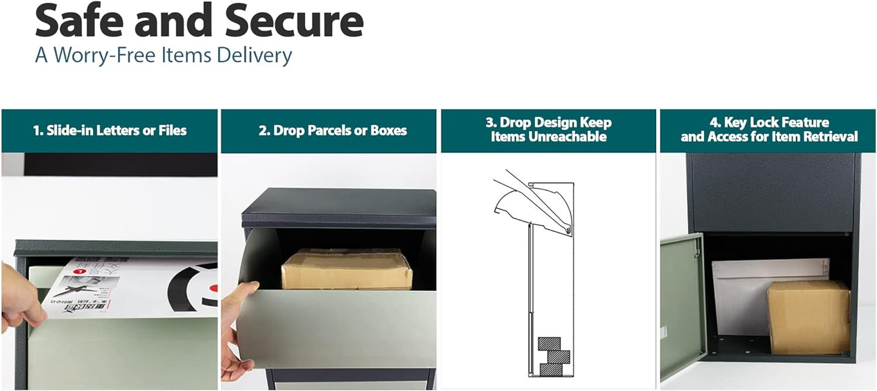 Glasshaus Steel Post Parcel Box Package Delivery Mail Box Locking Safe Drop Letterbox Storage (Grey and Black) - Grey And Black image number 6