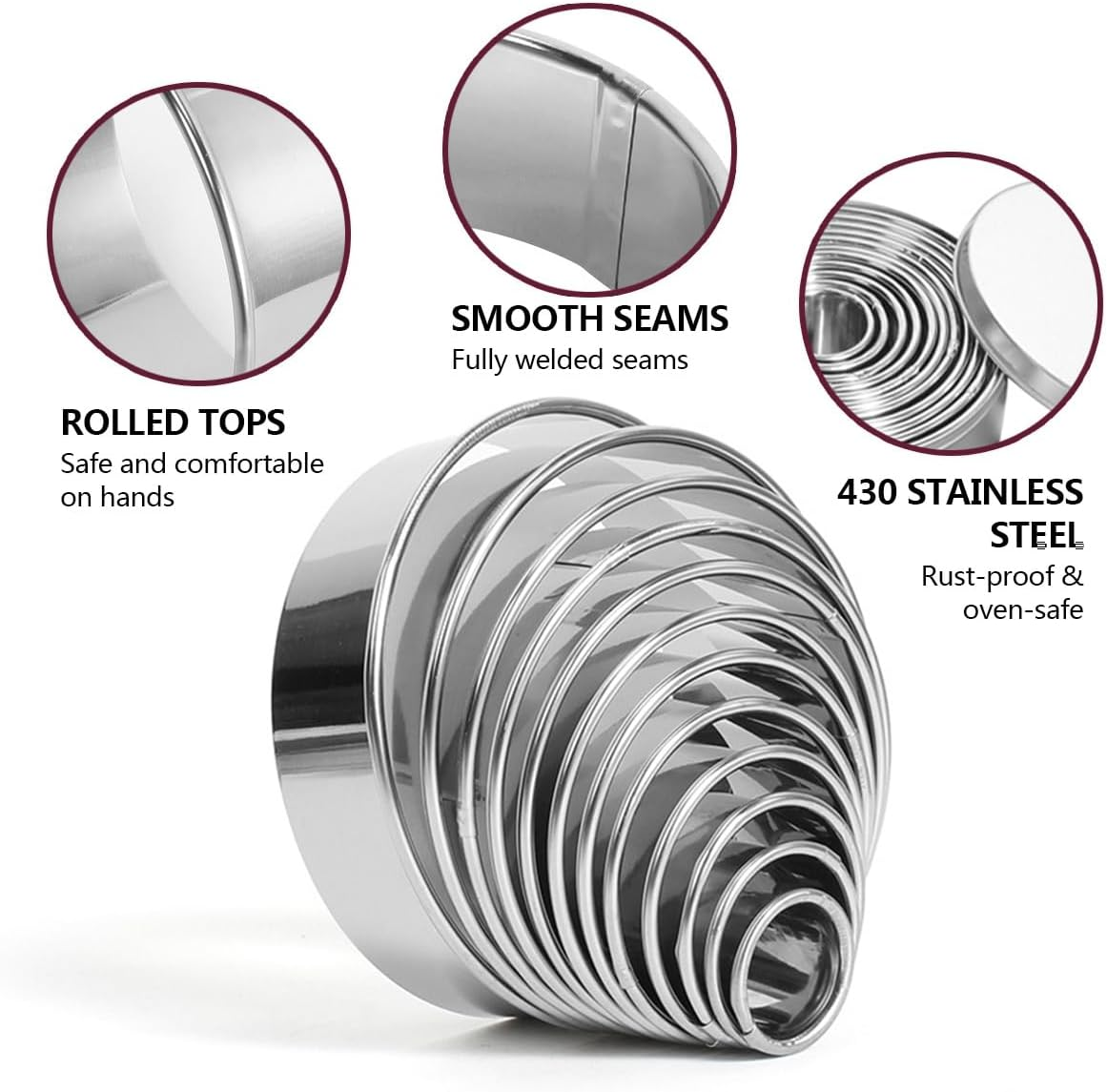 11 Pcs Cookie Cutters,Circle Cutter,Crumpet Rings,Stainless Steel Circle Cookie Cutters Set,Pastry Cutters in Graduated Sizes for Donut and Scone(11 Pack Round) image number 3